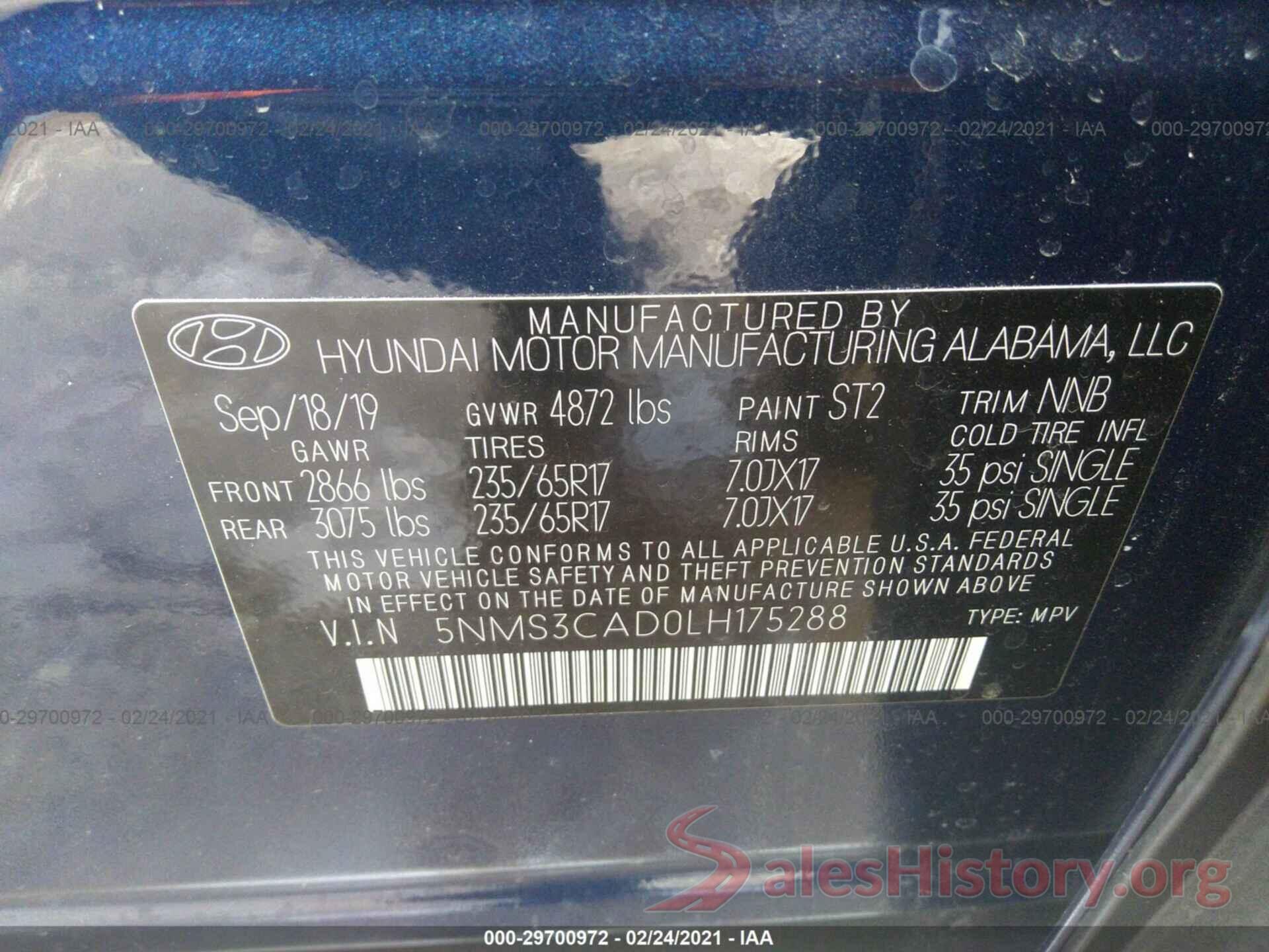 5NMS3CAD0LH175288 2020 HYUNDAI SANTA FE