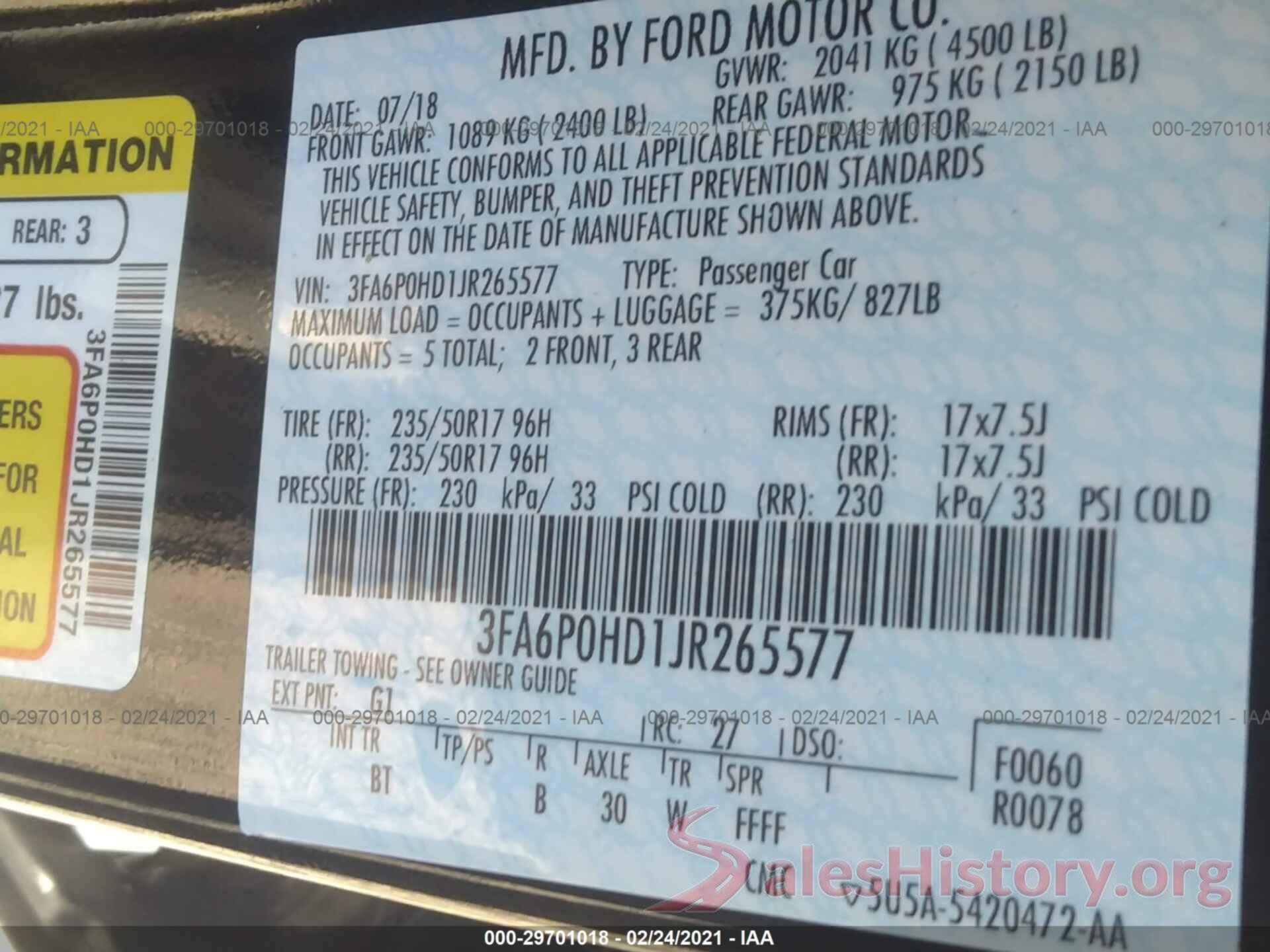 3FA6P0HD1JR265577 2018 FORD FUSION