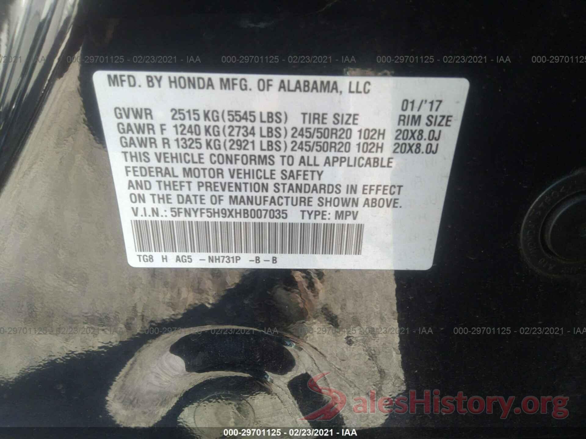 5FNYF5H9XHB007035 2017 HONDA PILOT