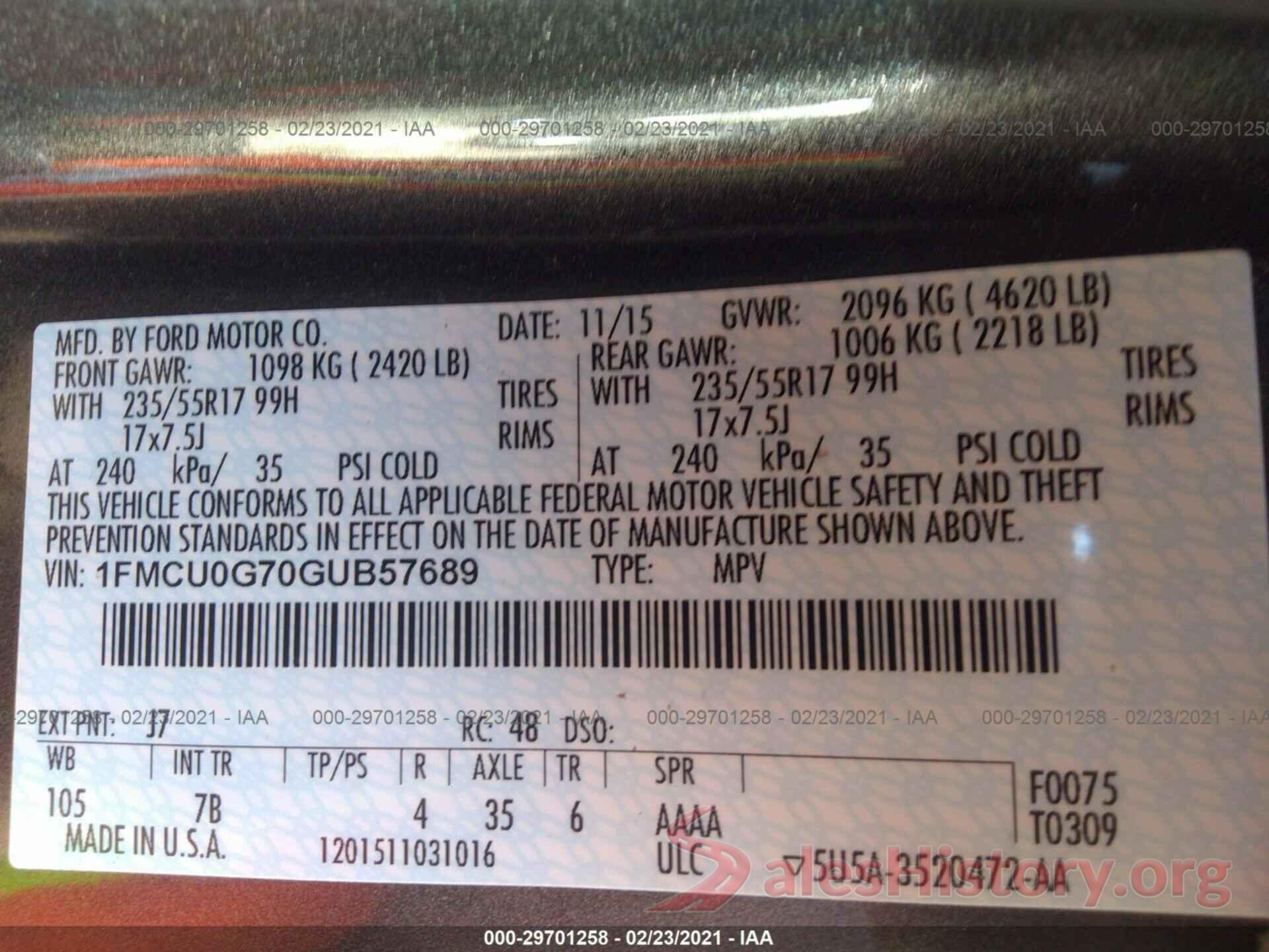 1FMCU0G70GUB57689 2016 FORD ESCAPE