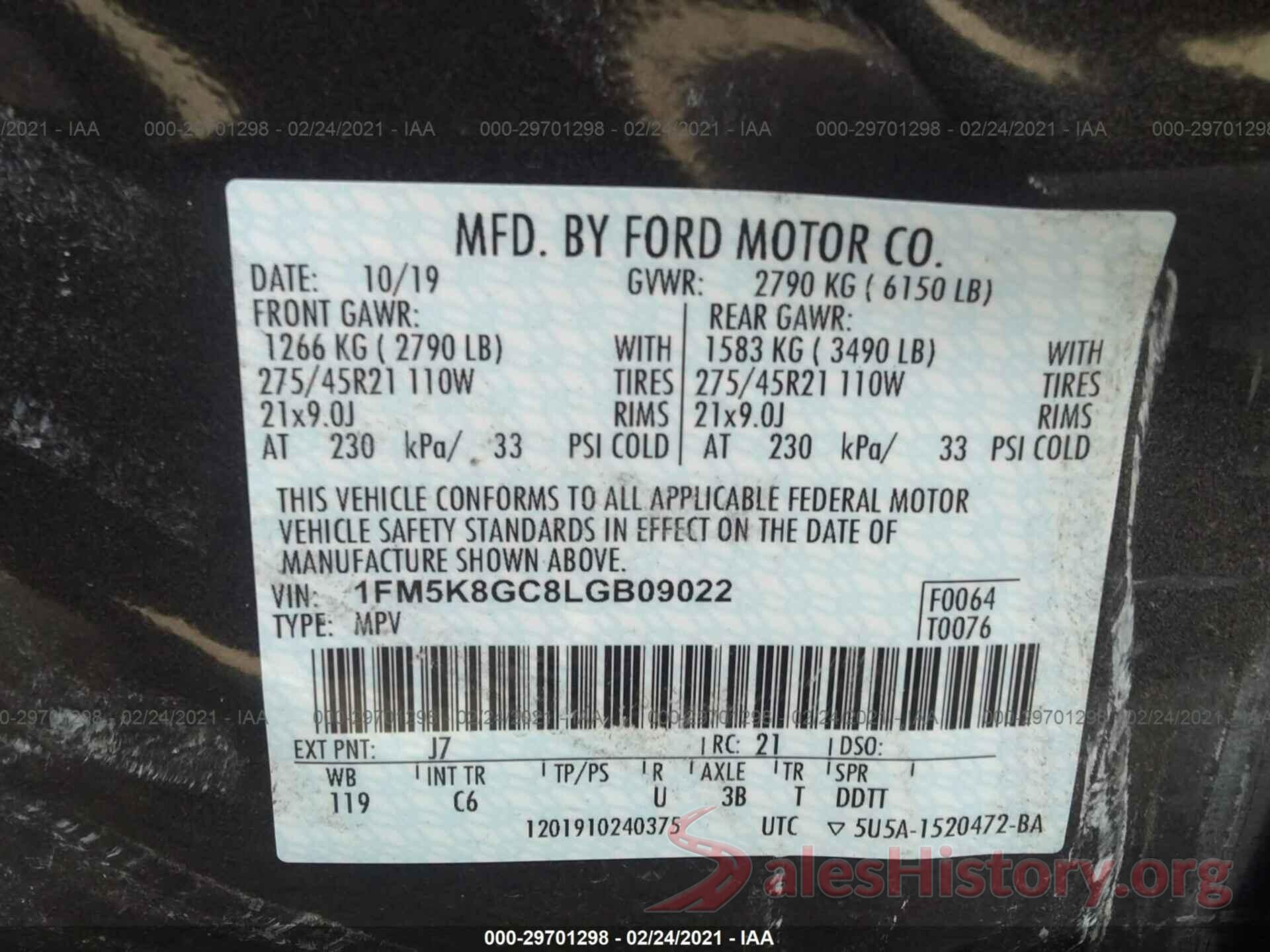 1FM5K8GC8LGB09022 2020 FORD EXPLORER