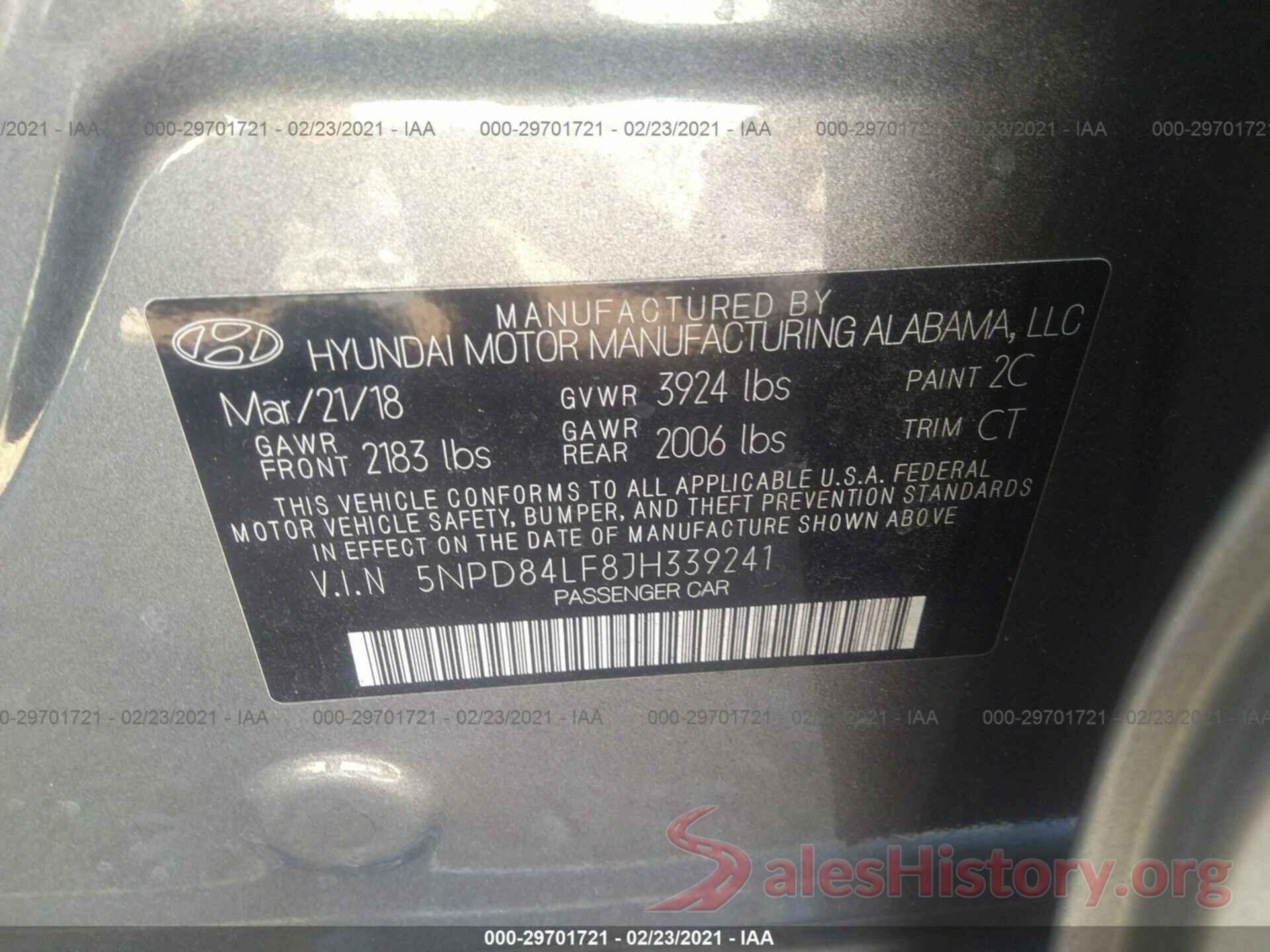 5NPD84LF8JH339241 2018 HYUNDAI ELANTRA