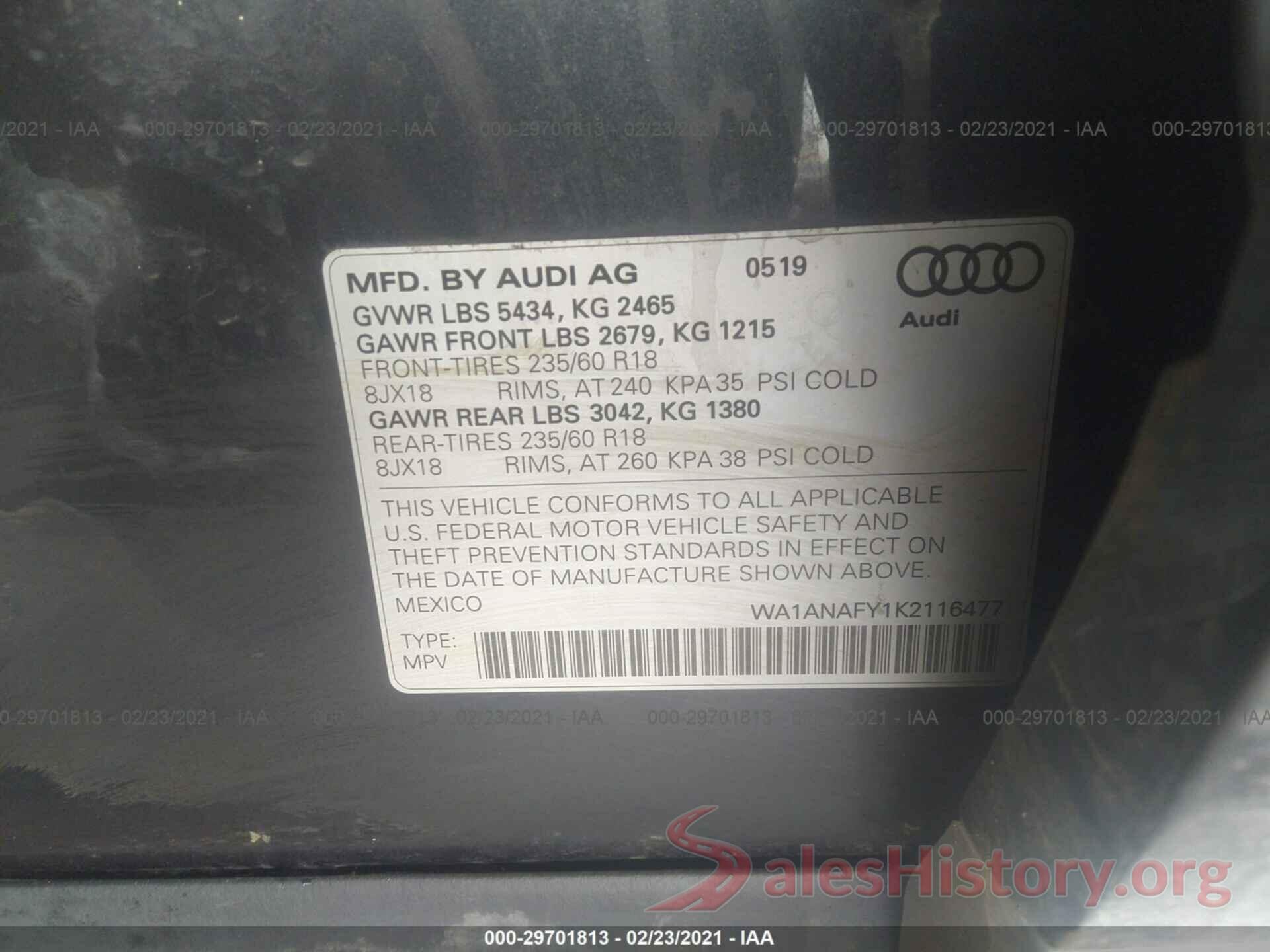 WA1ANAFY1K2116477 2019 AUDI Q5