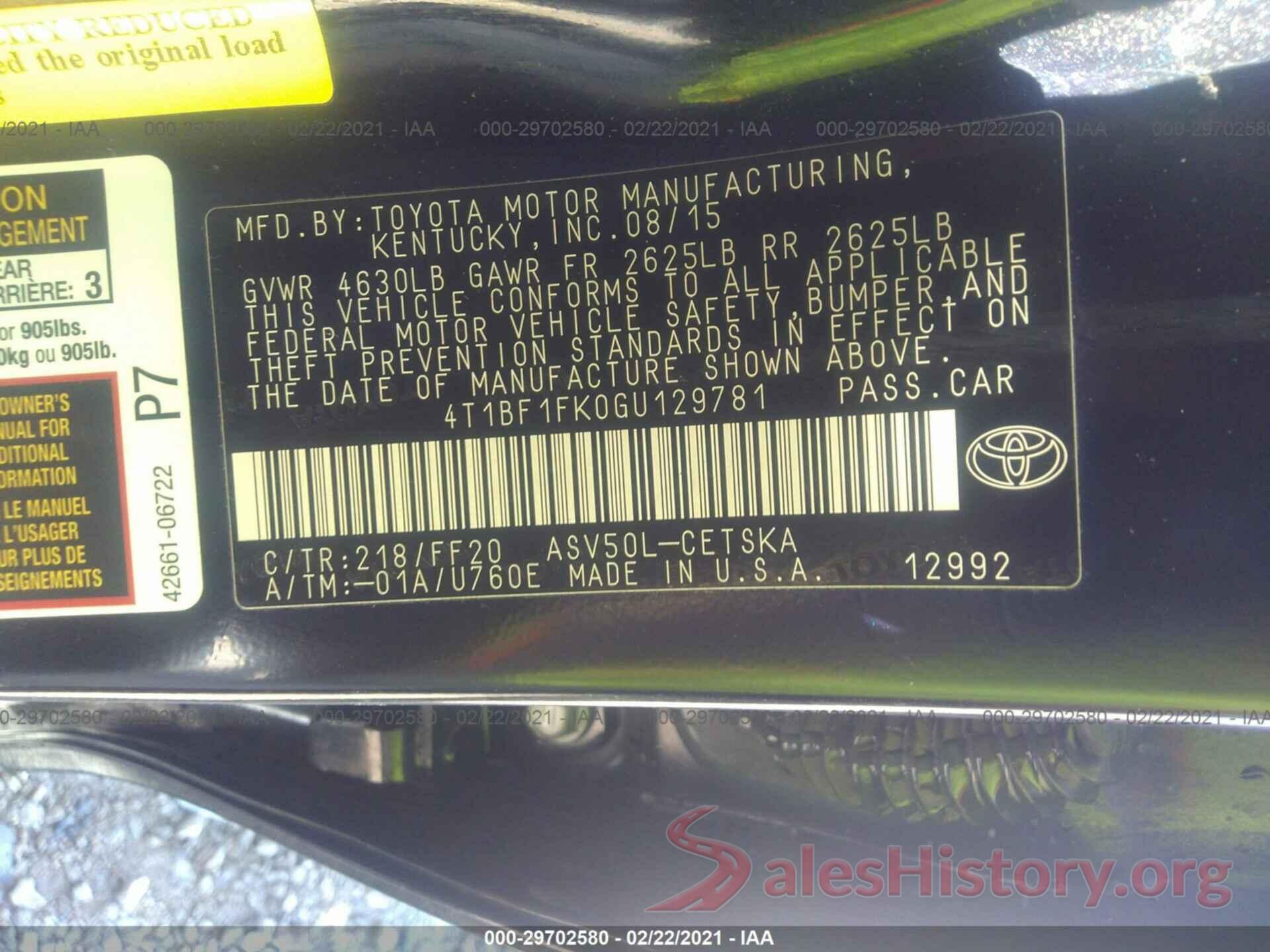 4T1BF1FK0GU129781 2016 TOYOTA CAMRY