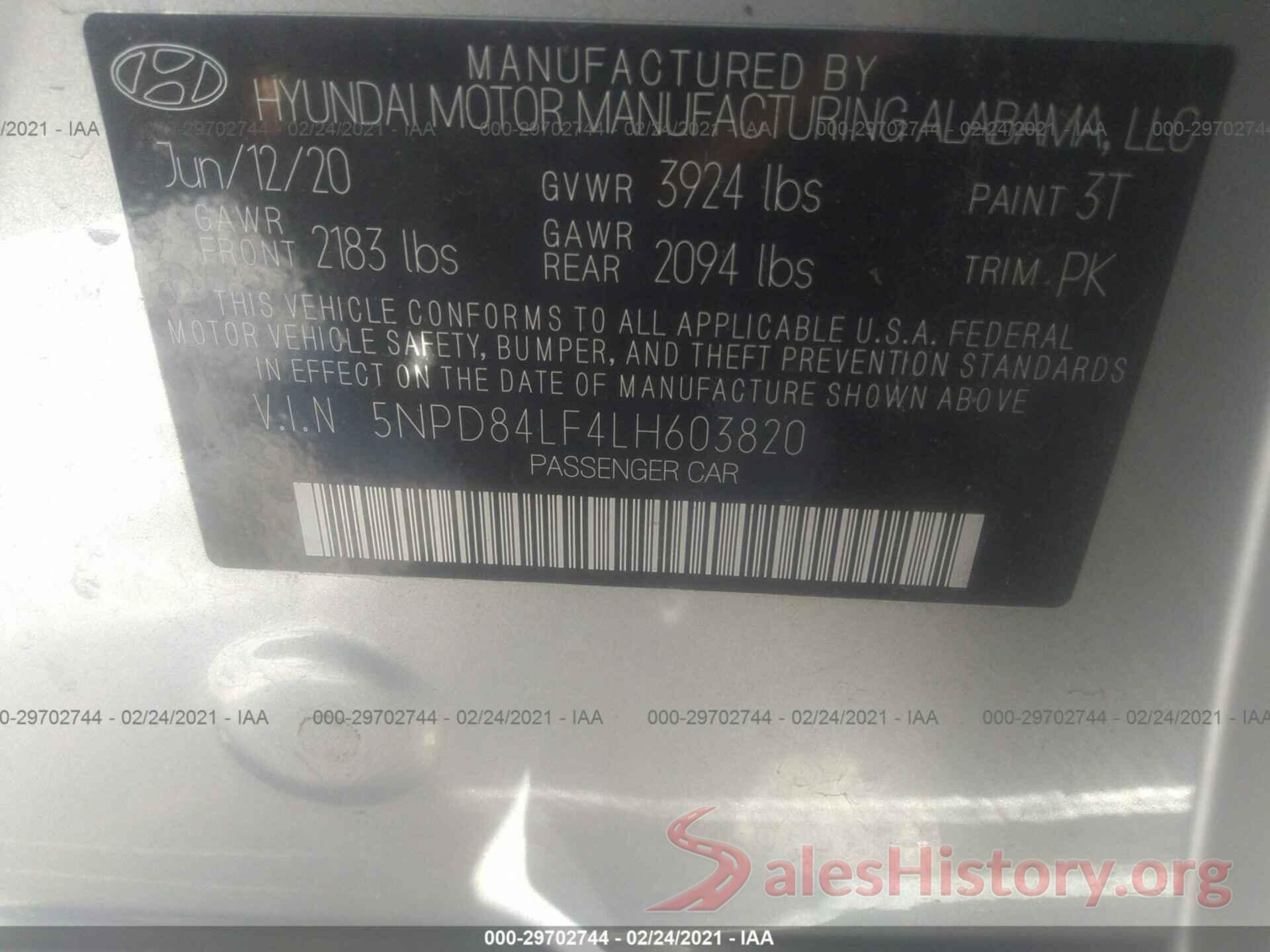 5NPD84LF4LH603820 2020 HYUNDAI ELANTRA