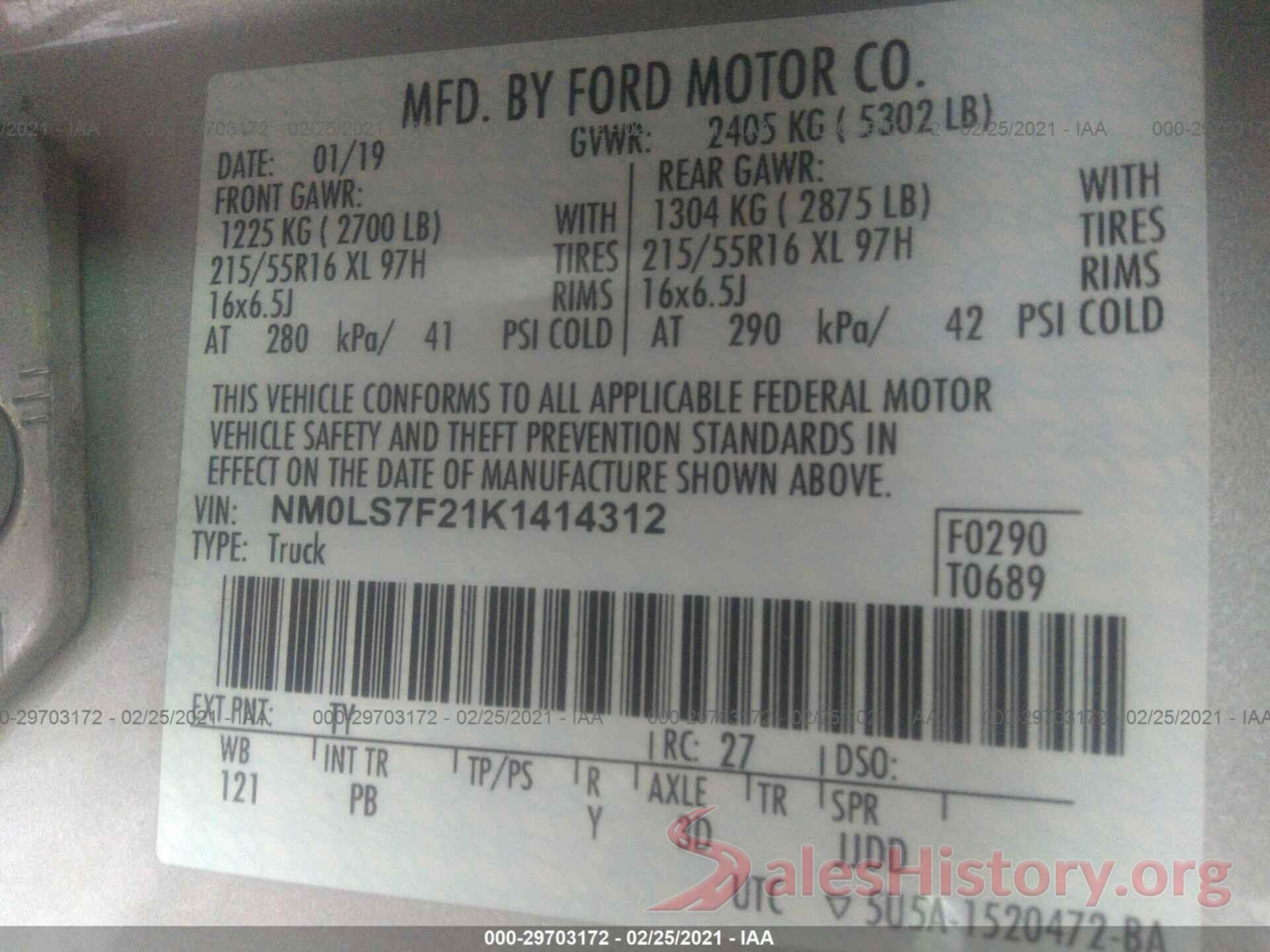 NM0LS7F21K1414312 2019 FORD TRANSIT CONNECT VAN