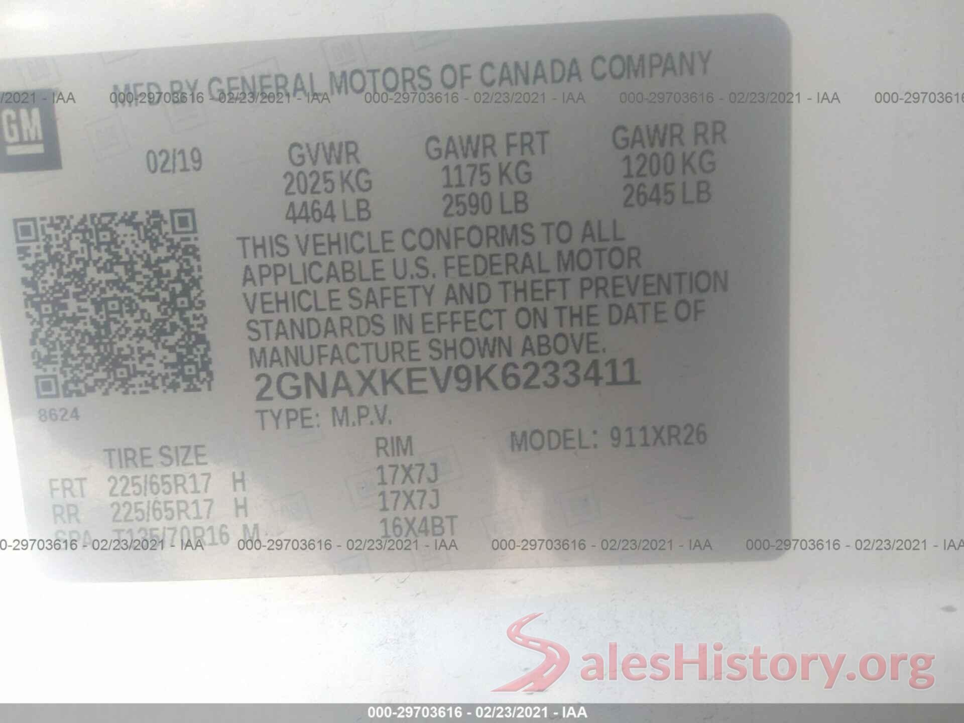 2GNAXKEV9K6233411 2019 CHEVROLET EQUINOX