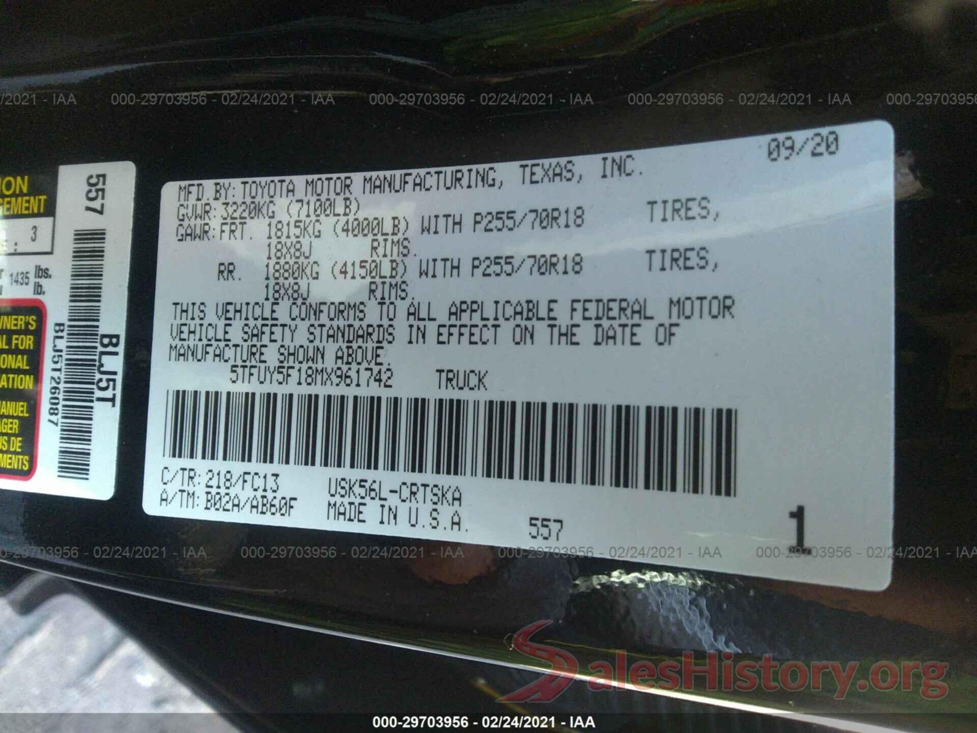 5TFUY5F18MX961742 2021 TOYOTA TUNDRA 4WD