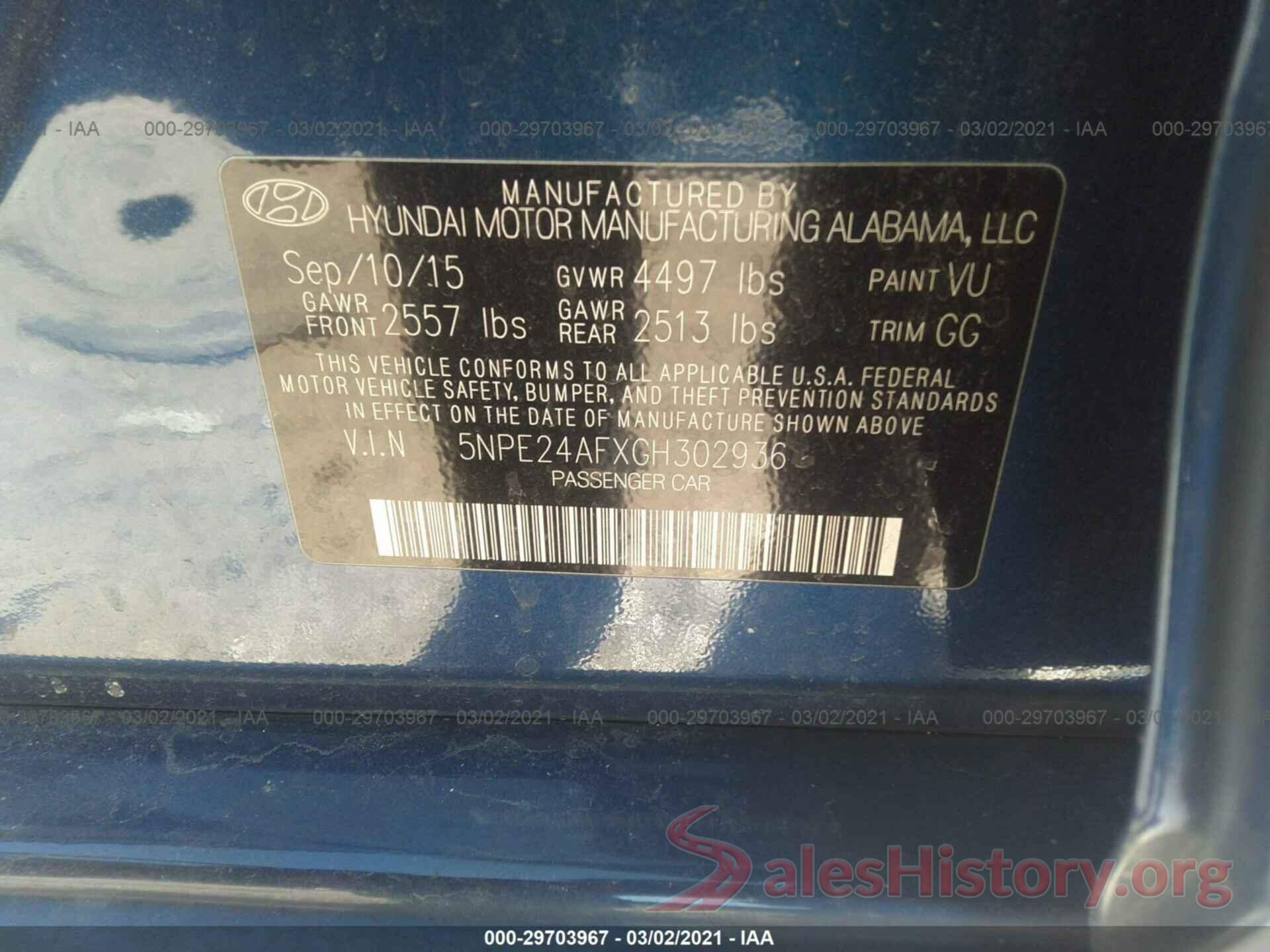 5NPE24AFXGH302936 2016 HYUNDAI SONATA