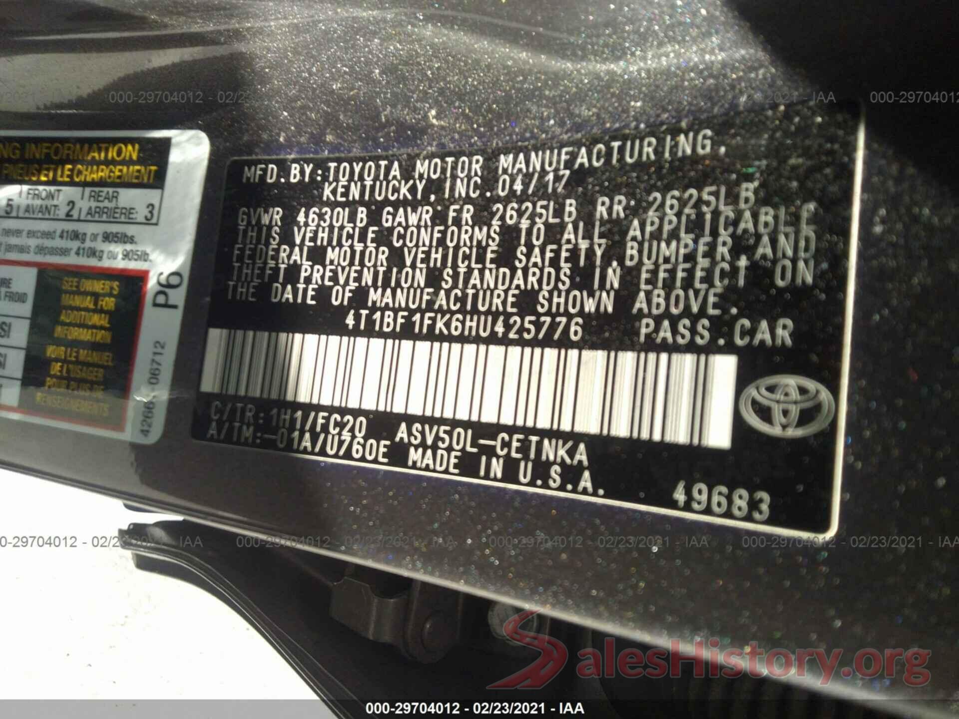 4T1BF1FK6HU425776 2017 TOYOTA CAMRY