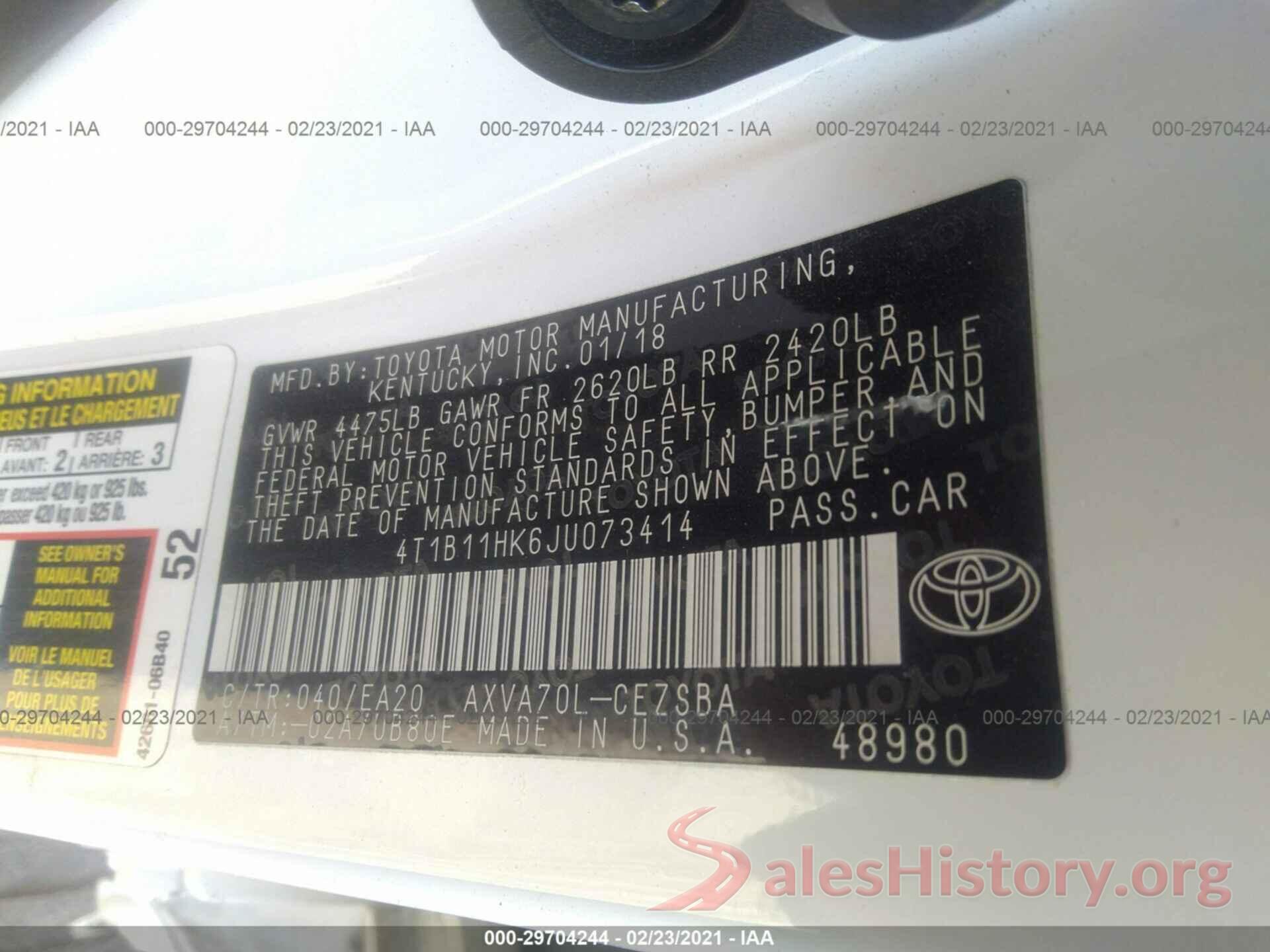 4T1B11HK6JU073414 2018 TOYOTA CAMRY