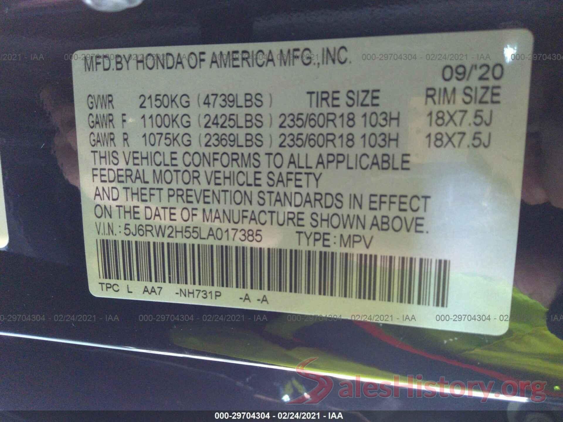 5J6RW2H55LA017385 2020 HONDA CR-V