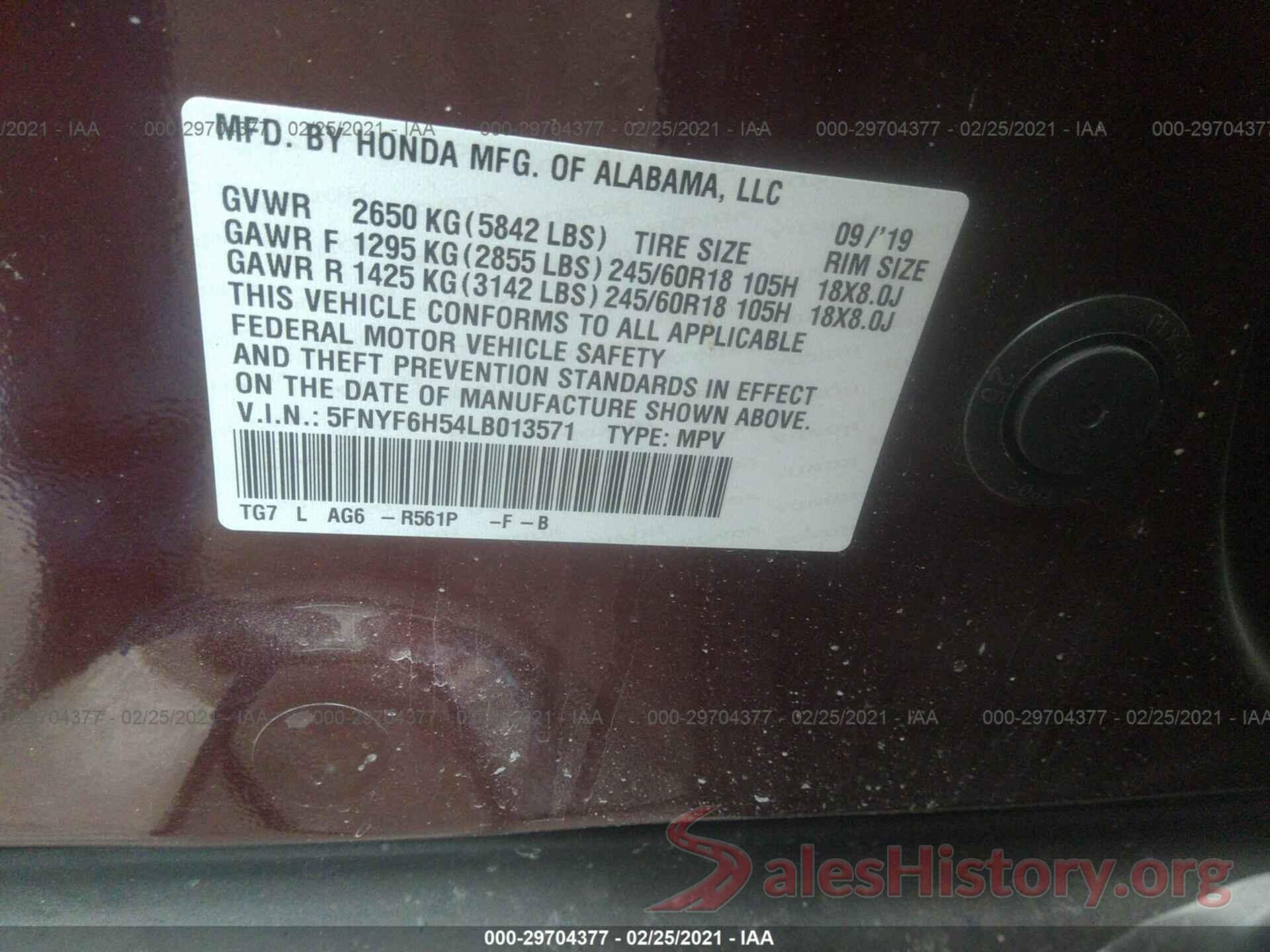 5FNYF6H54LB013571 2020 HONDA PILOT