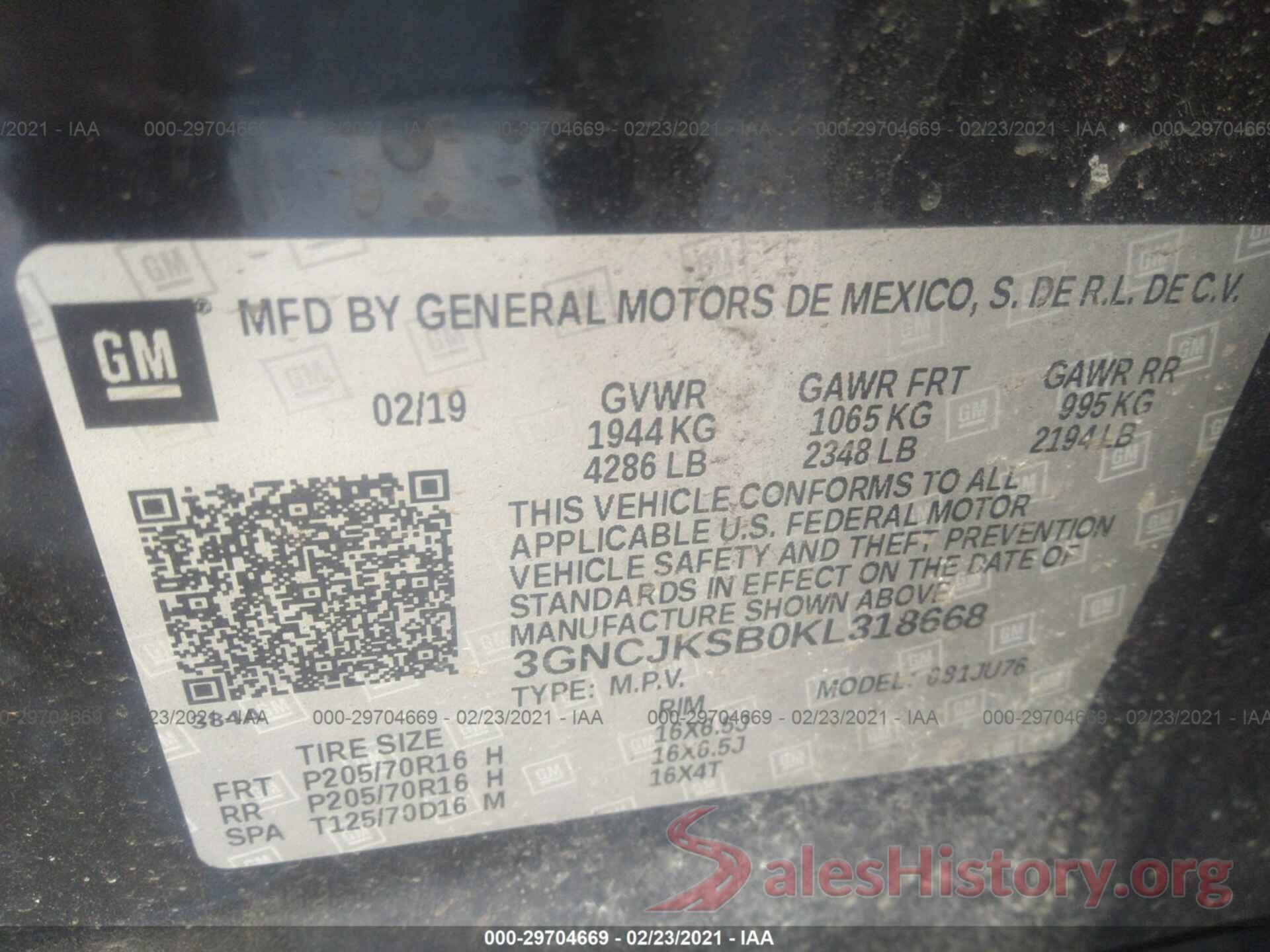 3GNCJKSB0KL318668 2019 CHEVROLET TRAX