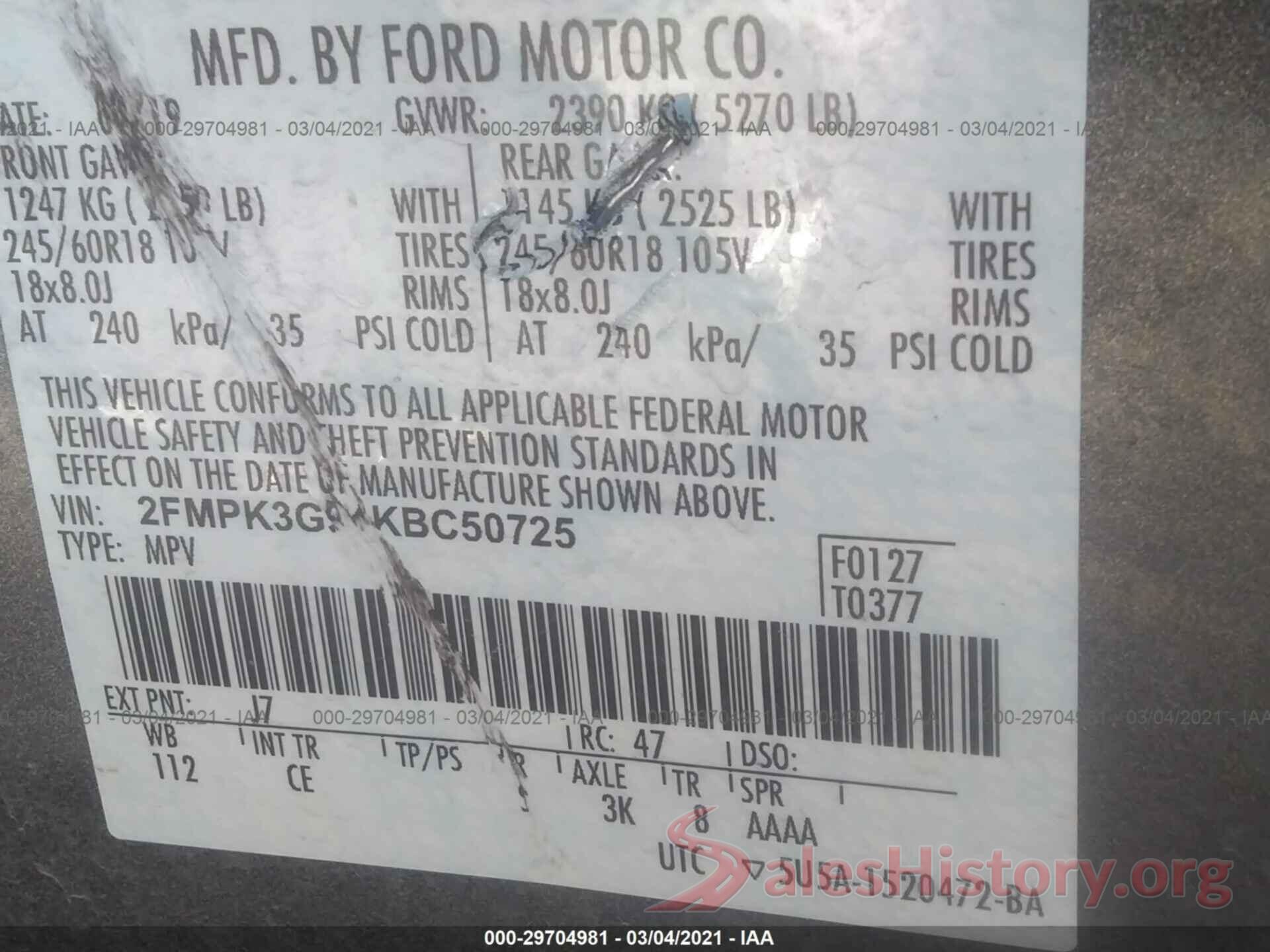 2FMPK3G94KBC50725 2019 FORD EDGE