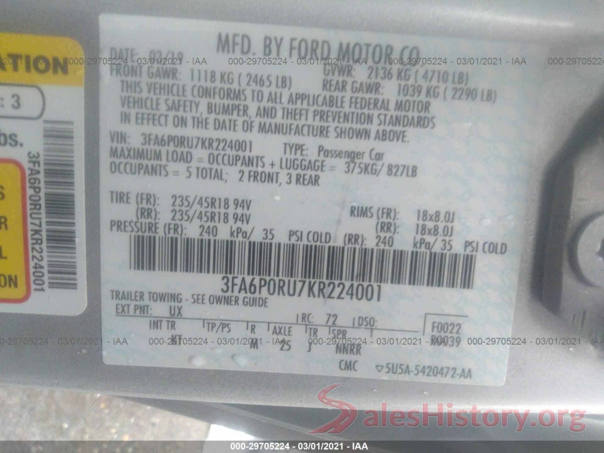 3FA6P0RU7KR224001 2019 FORD FUSION HYBRID