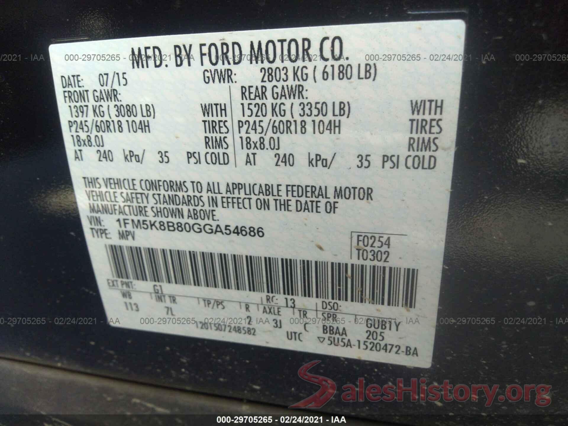 1FM5K8B80GGA54686 2016 FORD EXPLORER