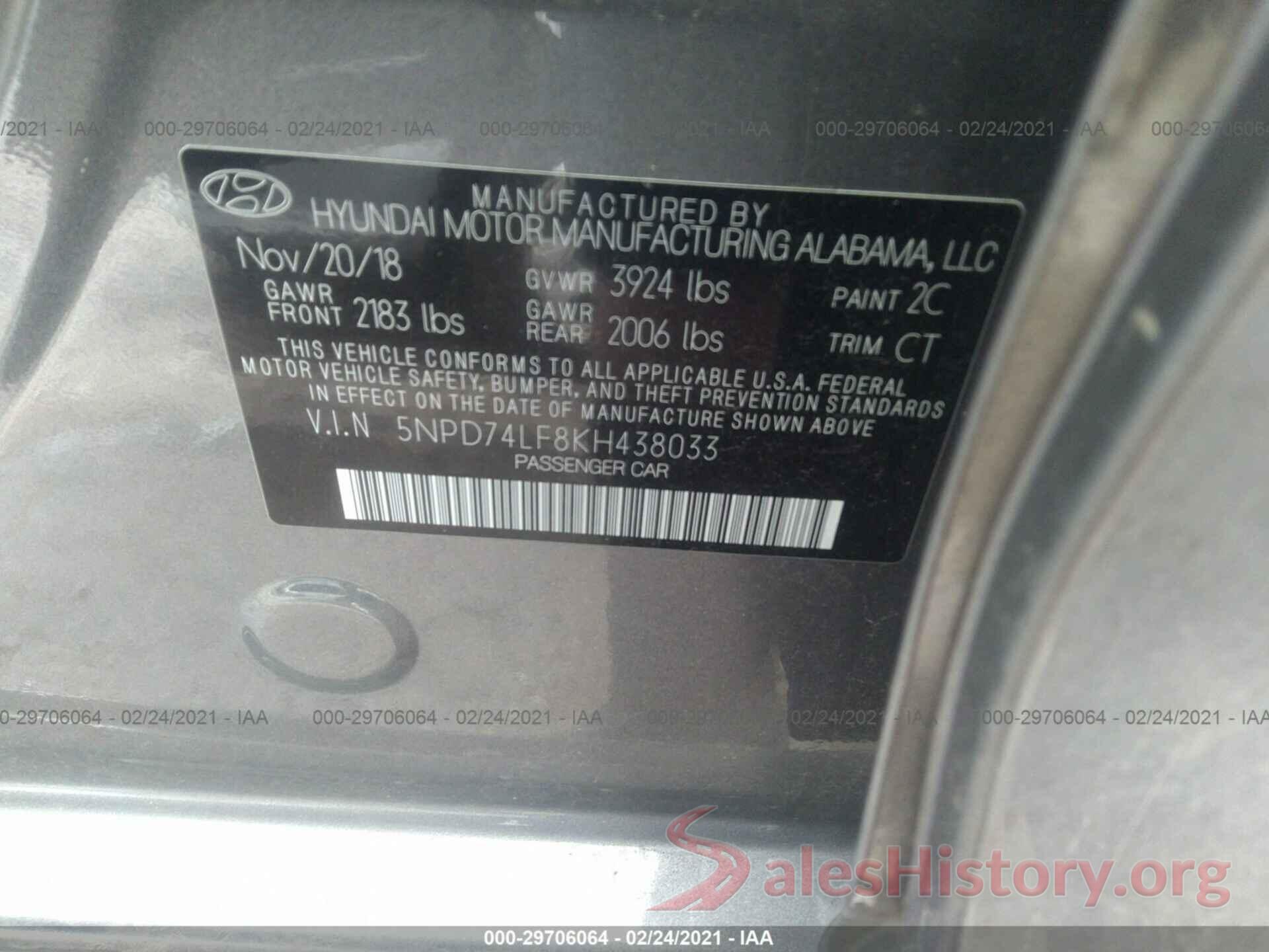 5NPD74LF8KH438033 2019 HYUNDAI ELANTRA