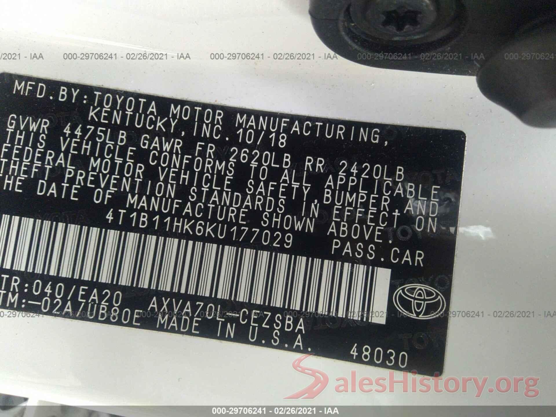 4T1B11HK6KU177029 2019 TOYOTA CAMRY