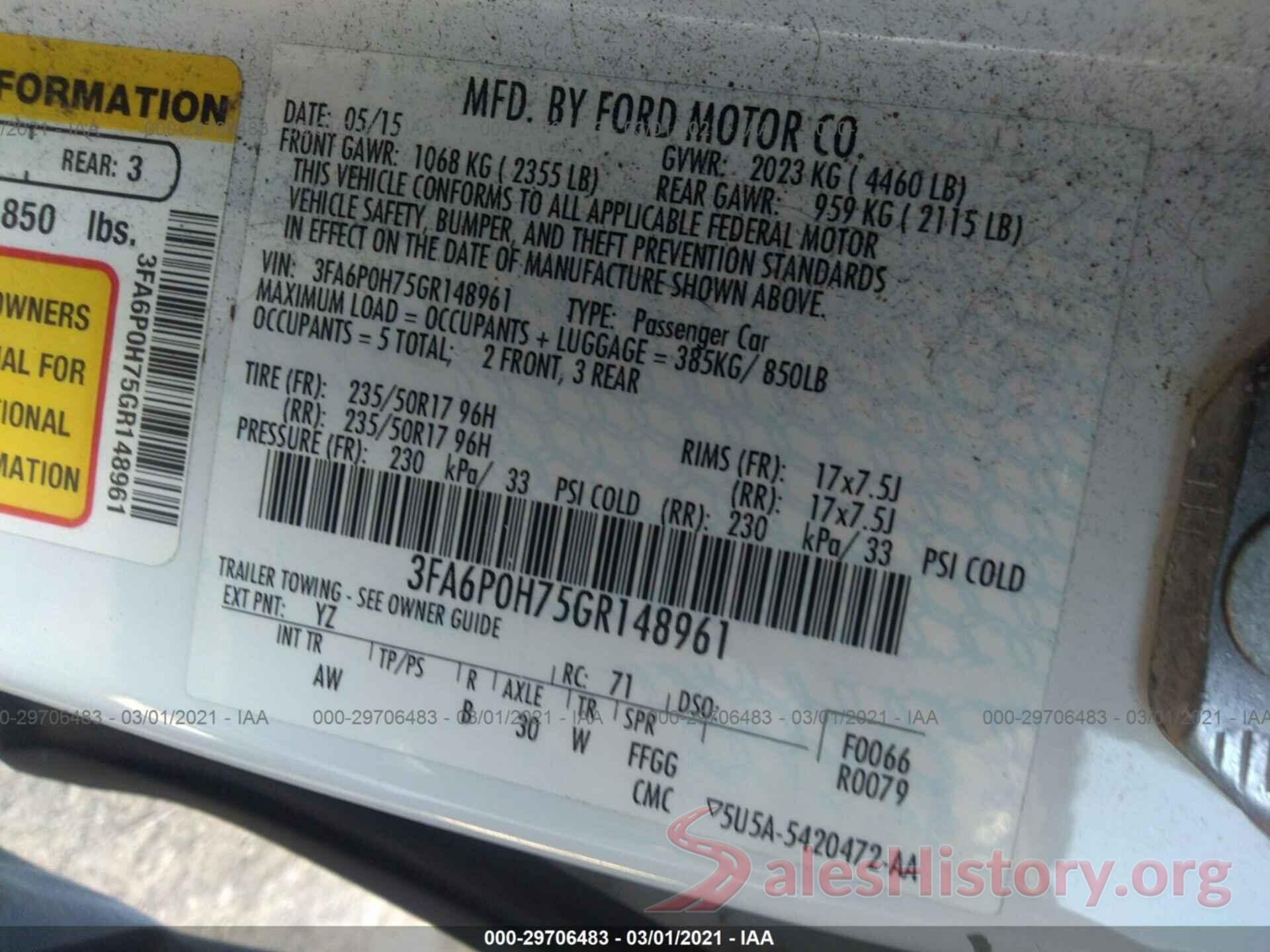 3FA6P0H75GR148961 2016 FORD FUSION