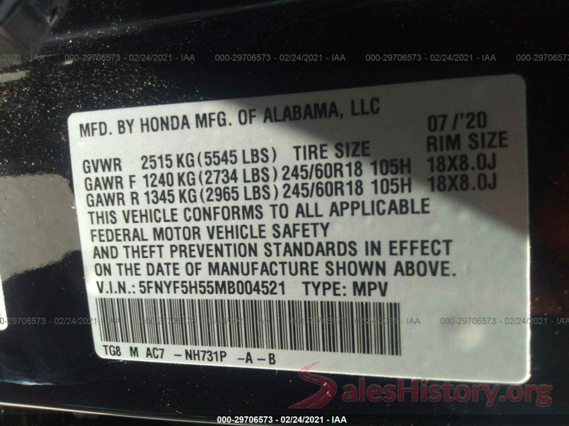 5FNYF5H55MB004521 2021 HONDA PILOT