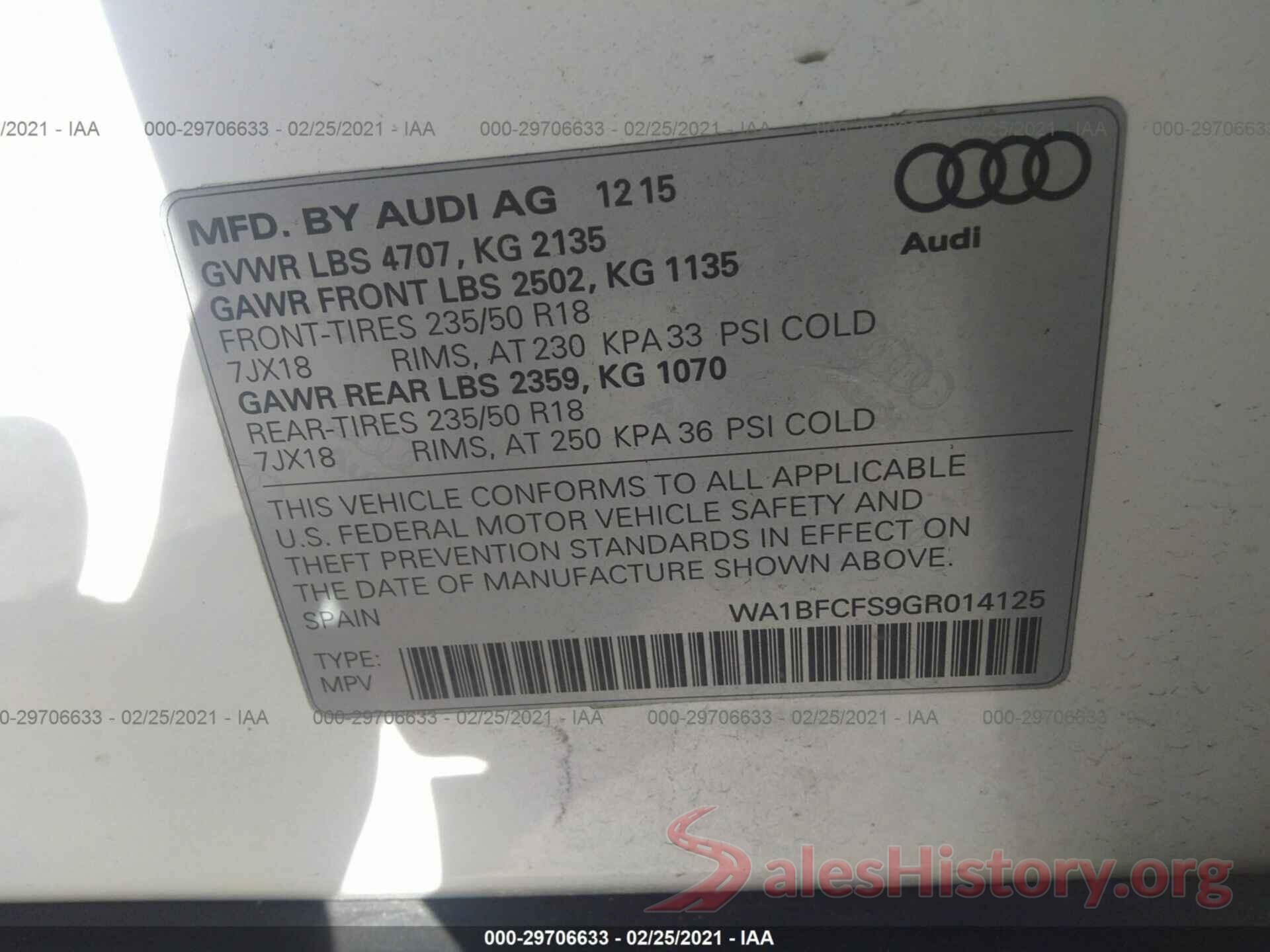 WA1BFCFS9GR014125 2016 AUDI Q3