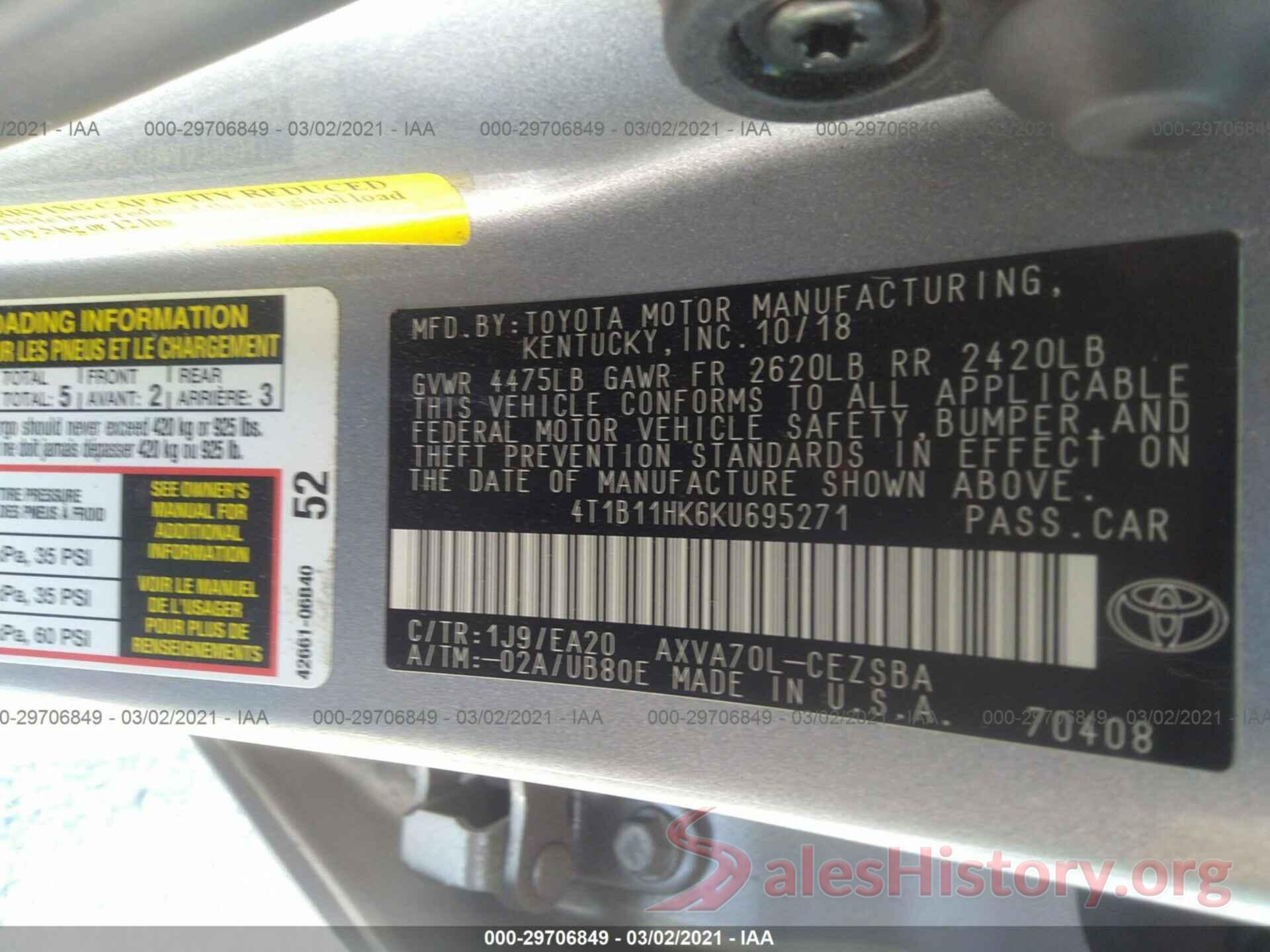 4T1B11HK6KU695271 2019 TOYOTA CAMRY