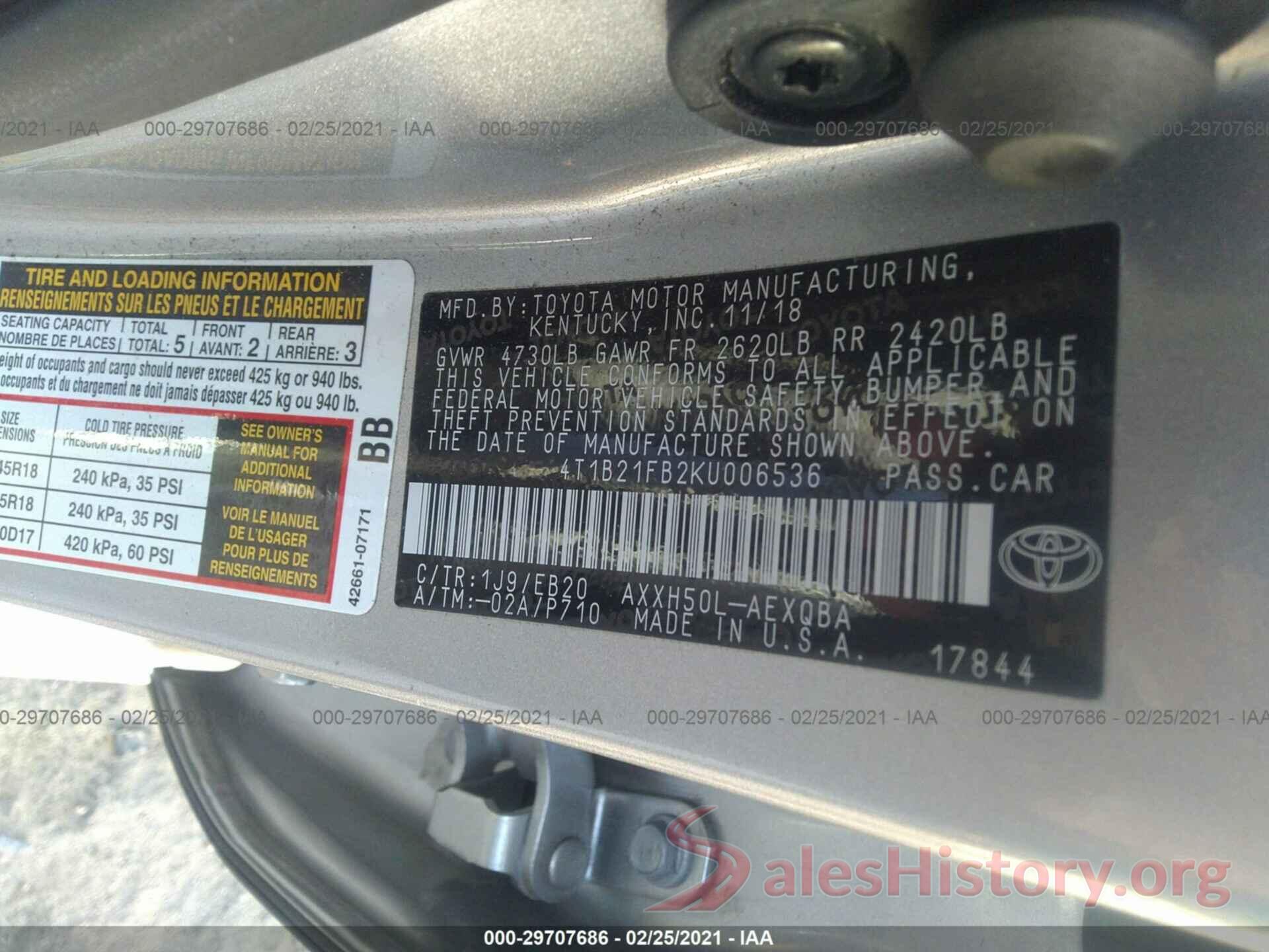 4T1B21FB2KU006536 2019 TOYOTA AVALON