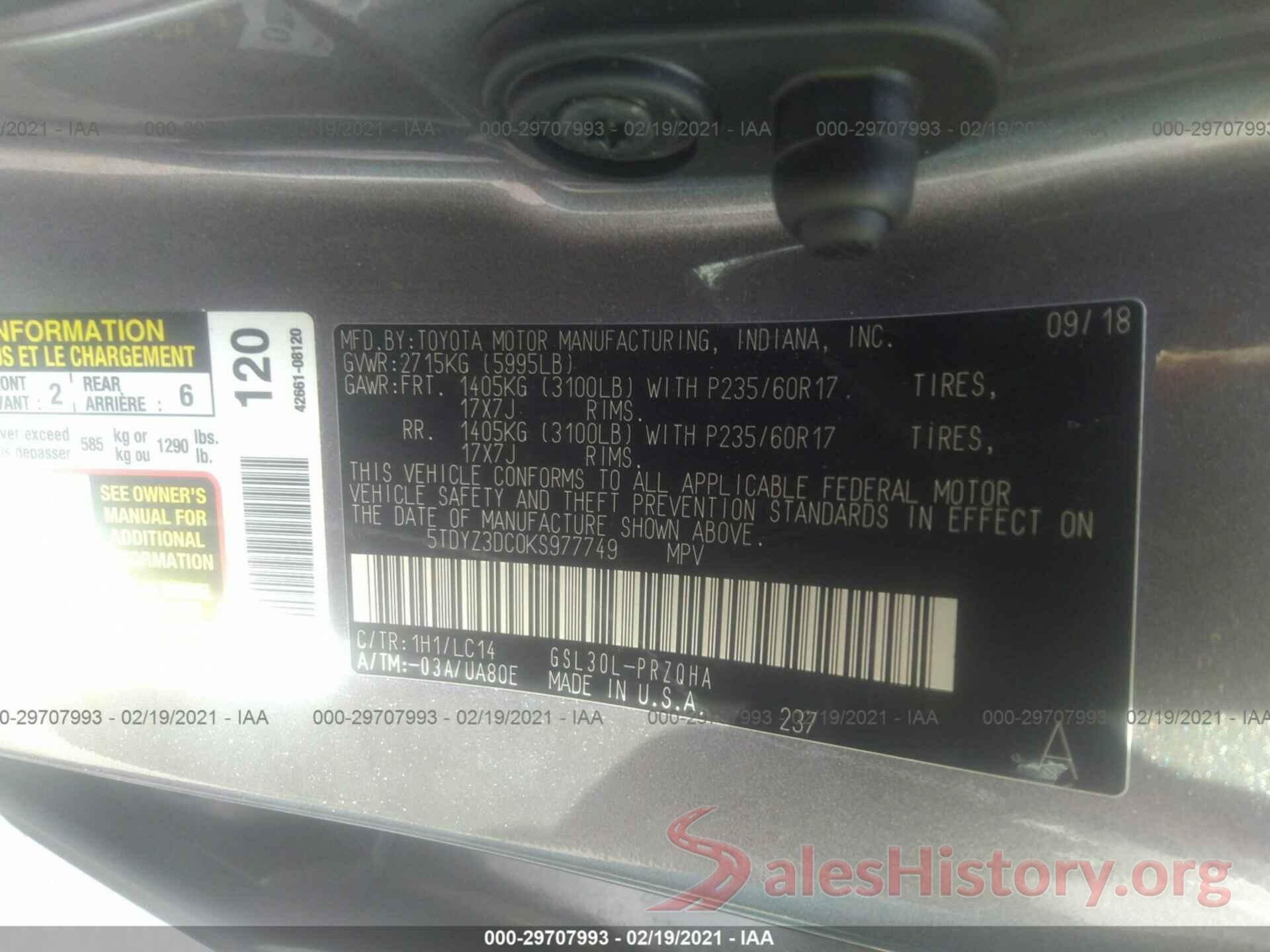 5TDYZ3DC0KS977749 2019 TOYOTA SIENNA