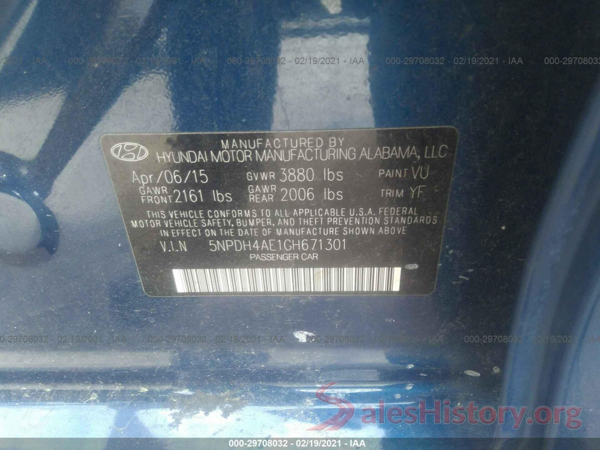 5NPDH4AE1GH671301 2016 HYUNDAI ELANTRA