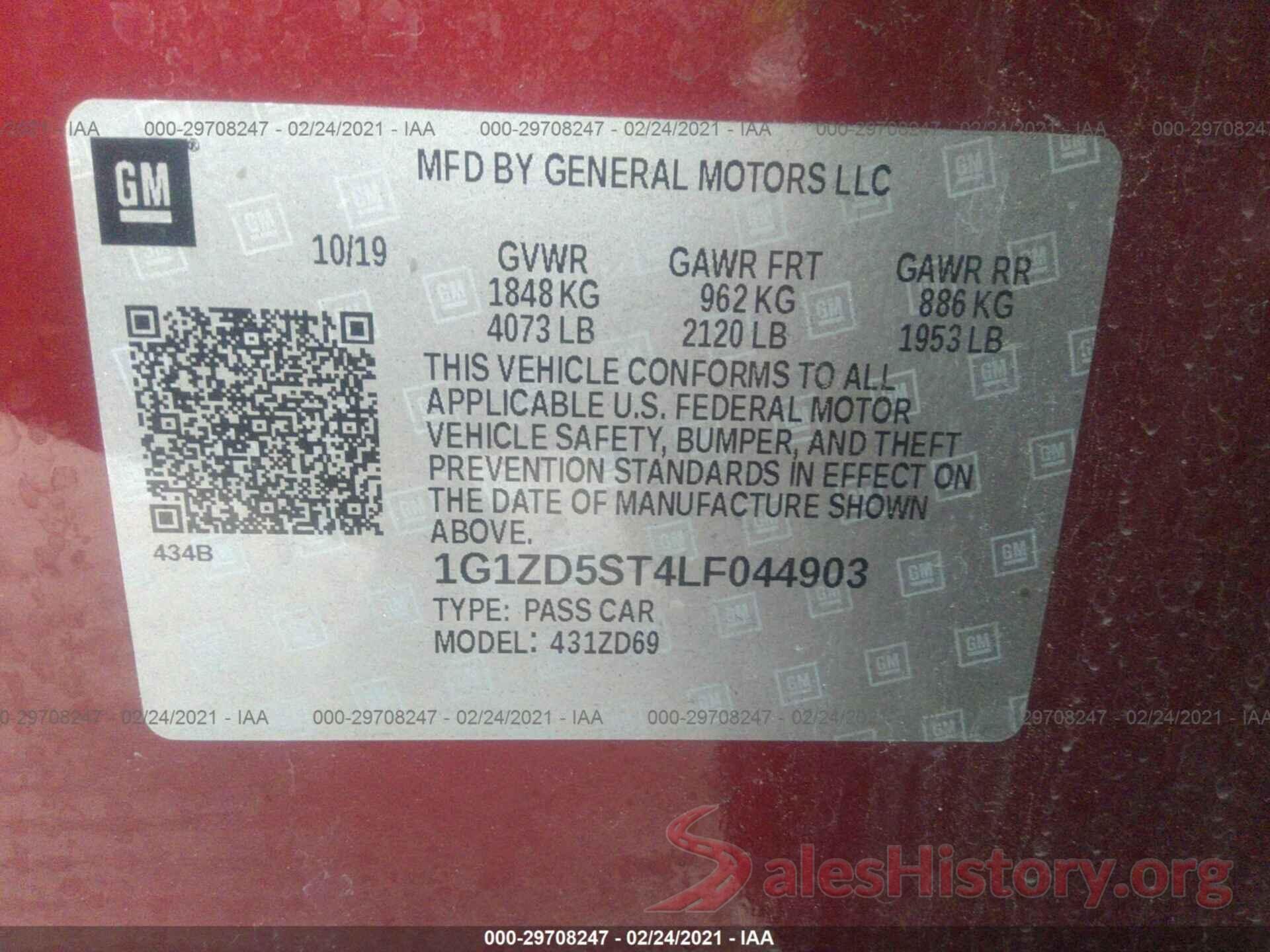 1G1ZD5ST4LF044903 2020 CHEVROLET MALIBU