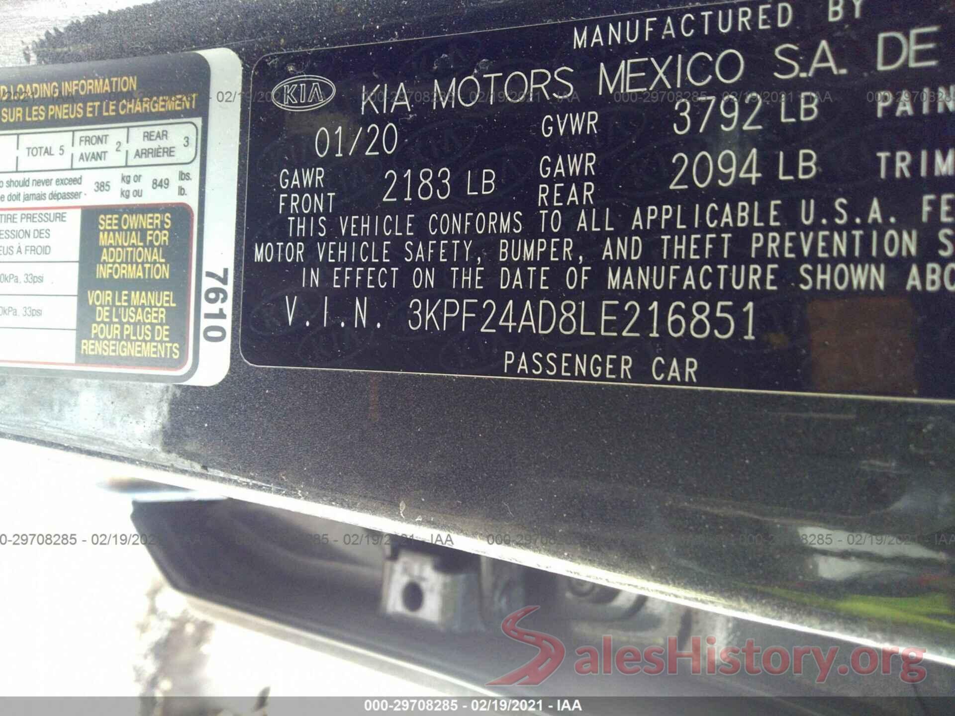 3KPF24AD8LE216851 2020 KIA FORTE