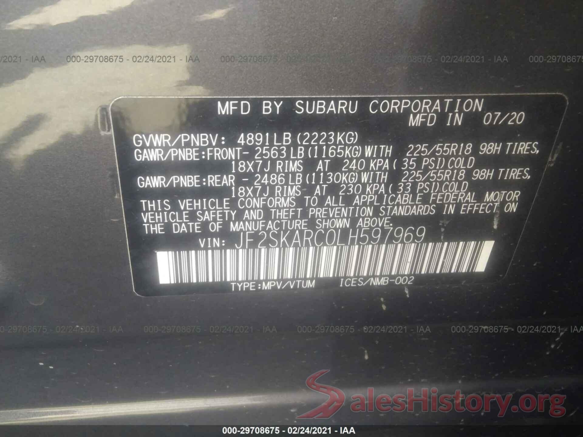 JF2SKARC0LH597969 2020 SUBARU FORESTER