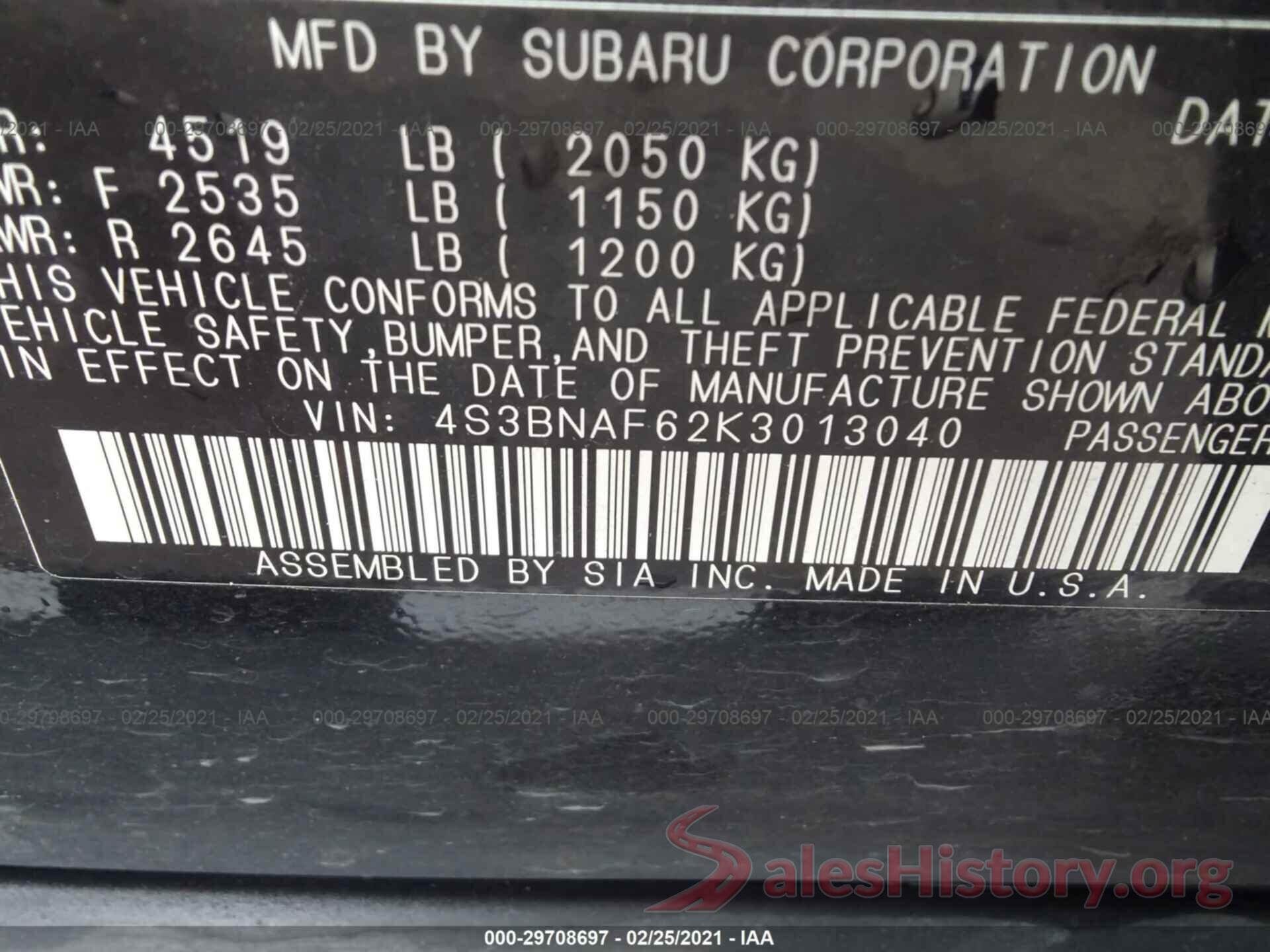 4S3BNAF62K3013040 2019 SUBARU LEGACY