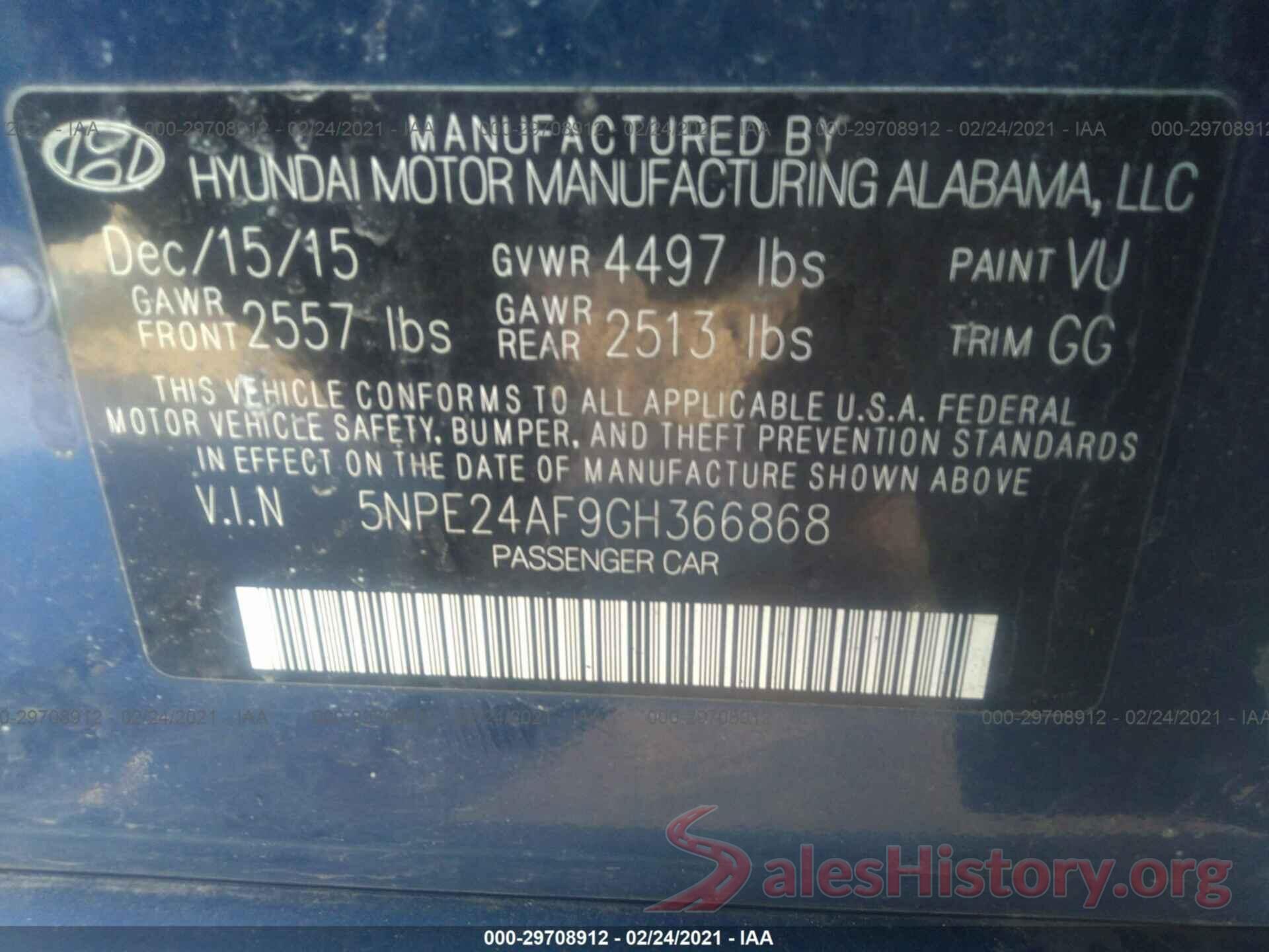 5NPE24AF9GH366868 2016 HYUNDAI SONATA