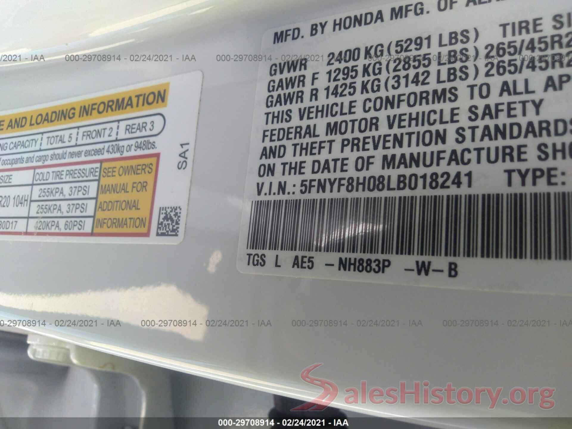 5FNYF8H08LB018241 2020 HONDA PASSPORT