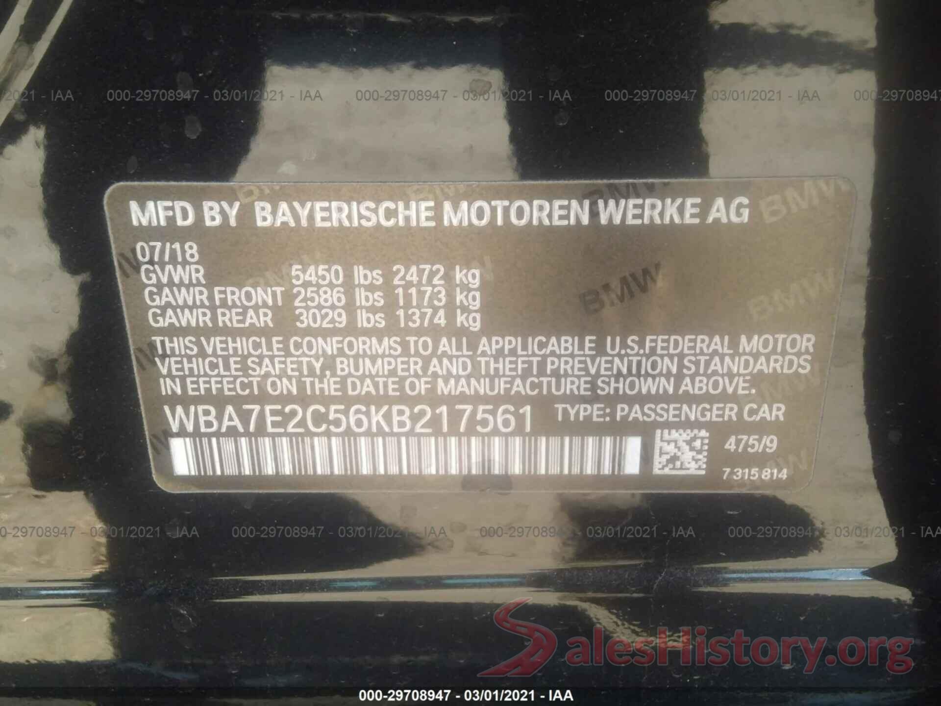 WBA7E2C56KB217561 2019 BMW 7 SERIES