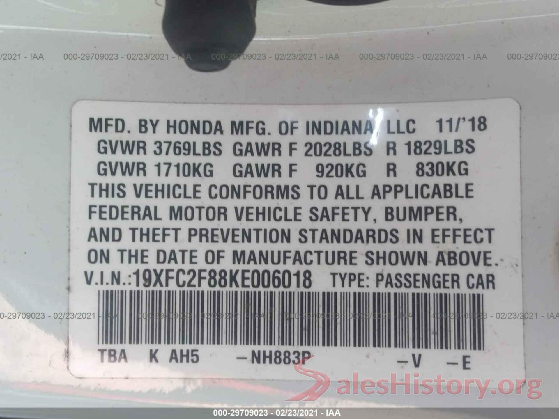 19XFC2F88KE006018 2019 HONDA CIVIC SEDAN