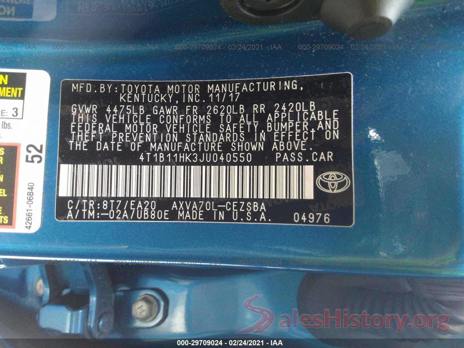 4T1B11HK3JU040550 2018 TOYOTA CAMRY