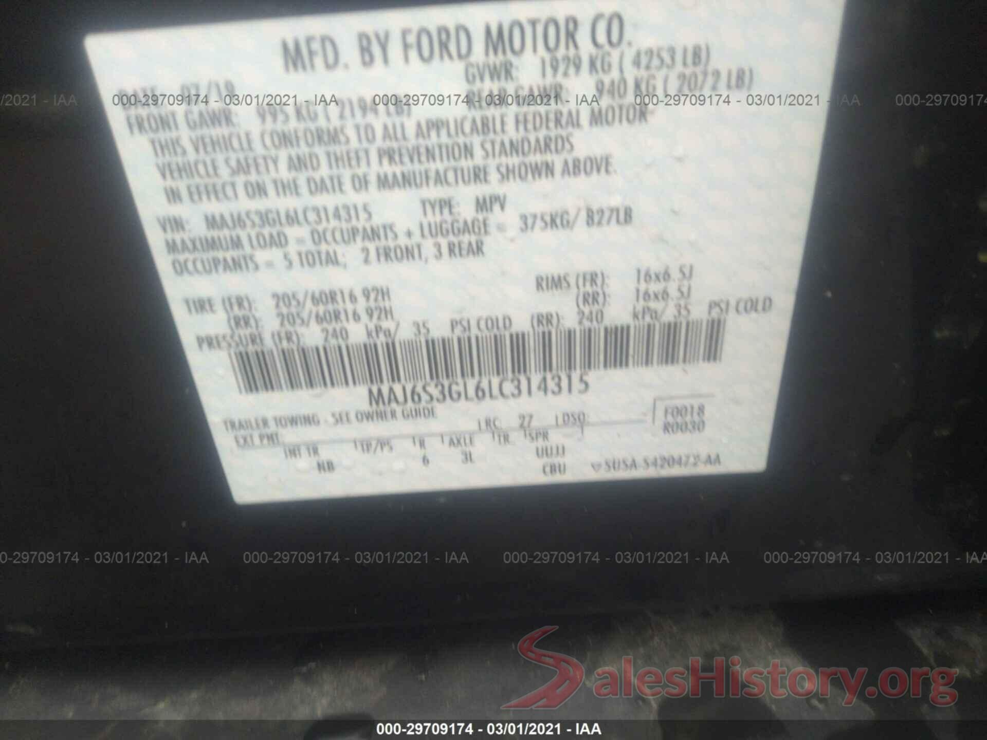 MAJ6S3GL6LC314315 2020 FORD ECOSPORT