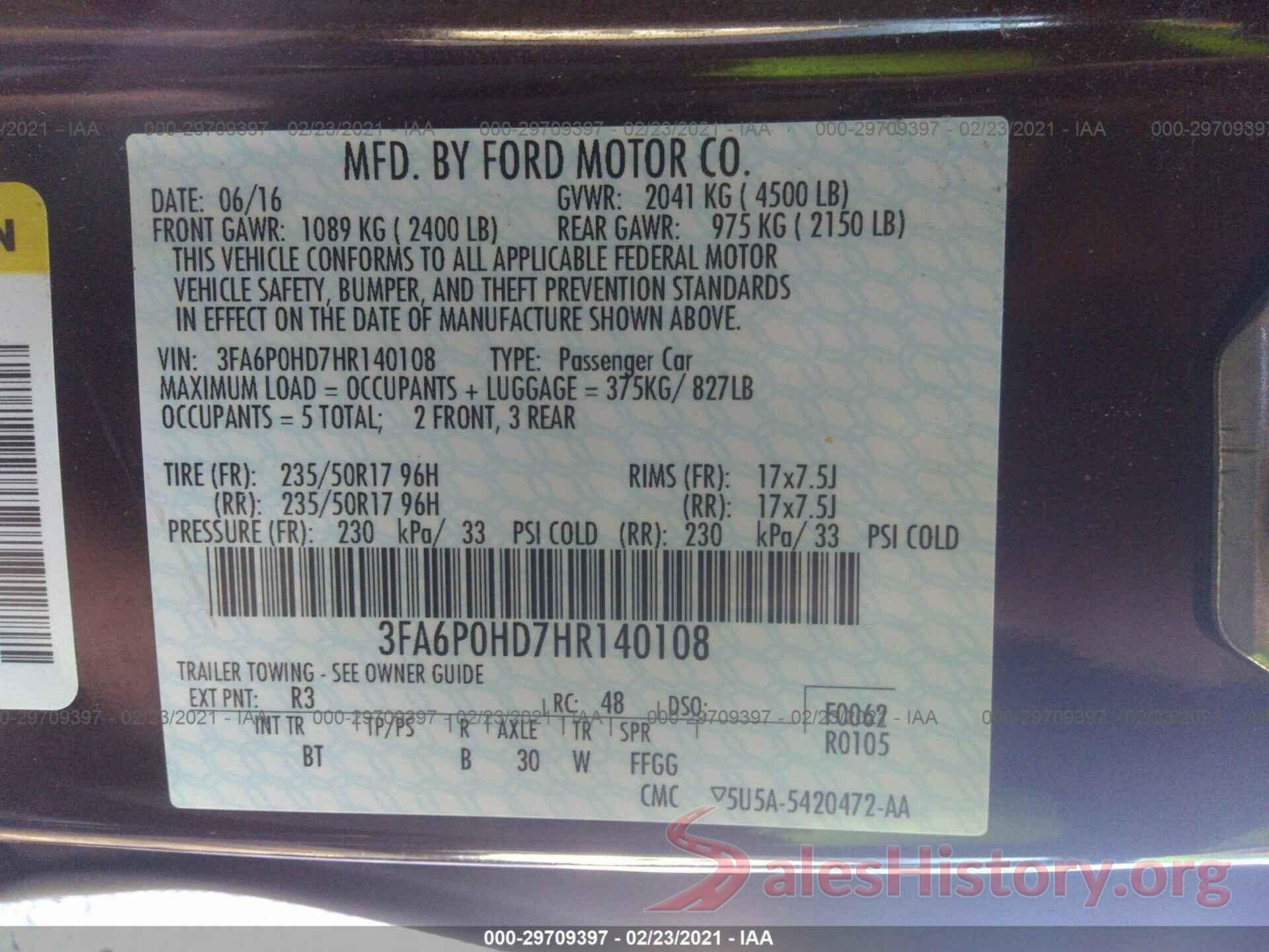 3FA6P0HD7HR140108 2017 FORD FUSION