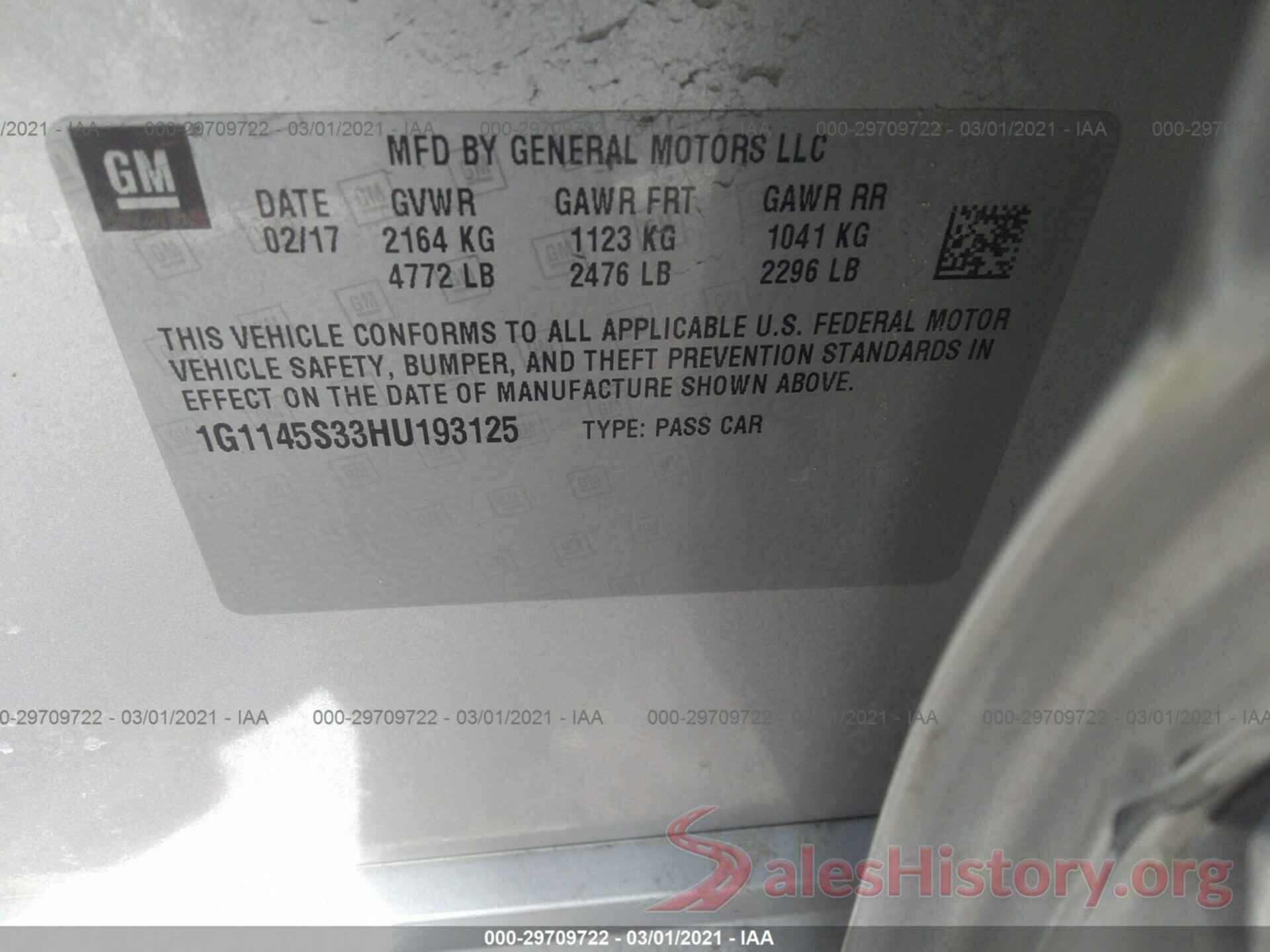 1G1145S33HU193125 2017 CHEVROLET IMPALA