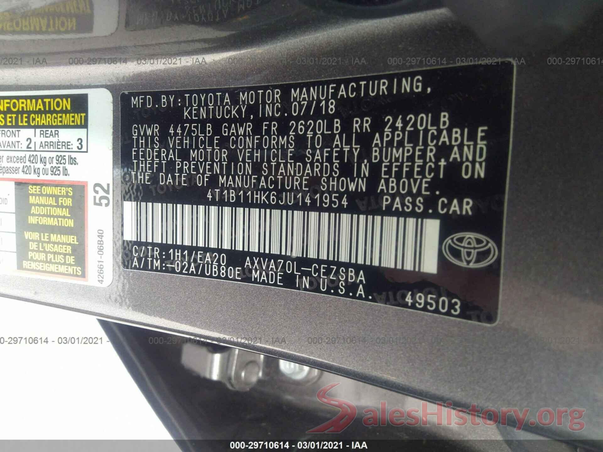 4T1B11HK6JU141954 2018 TOYOTA CAMRY