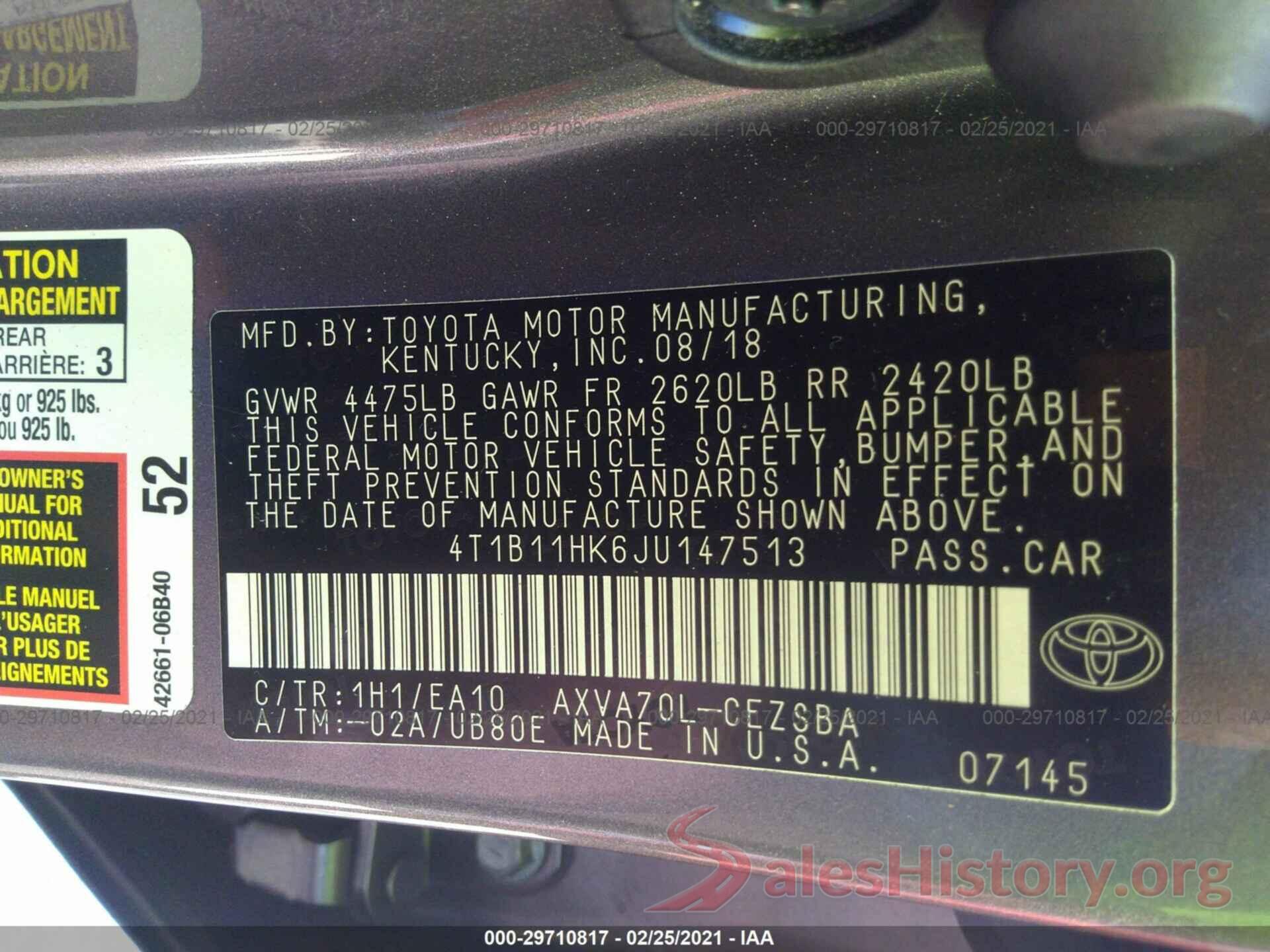 4T1B11HK6JU147513 2018 TOYOTA CAMRY