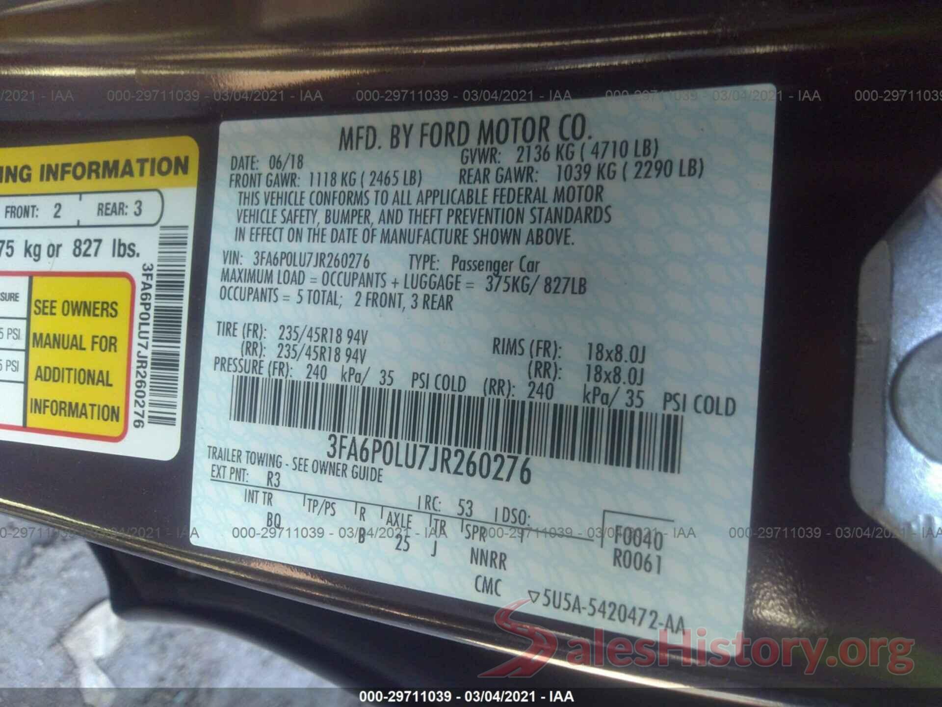 3FA6P0LU7JR260276 2018 FORD FUSION HYBRID