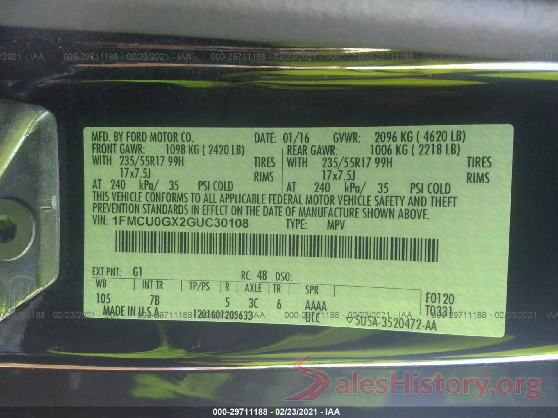 1FMCU0GX2GUC30108 2016 FORD ESCAPE