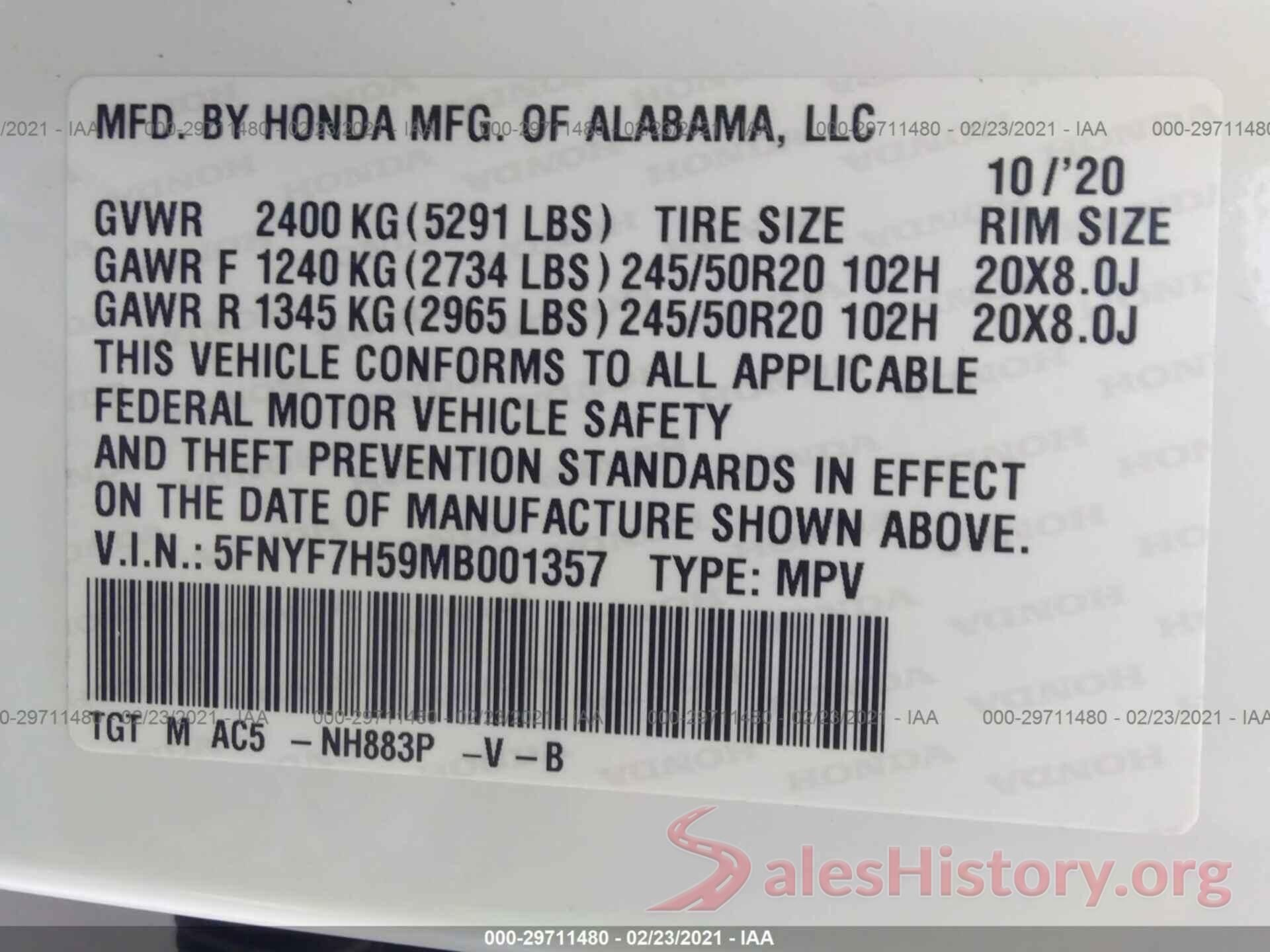 5FNYF7H59MB001357 2021 HONDA PASSPORT