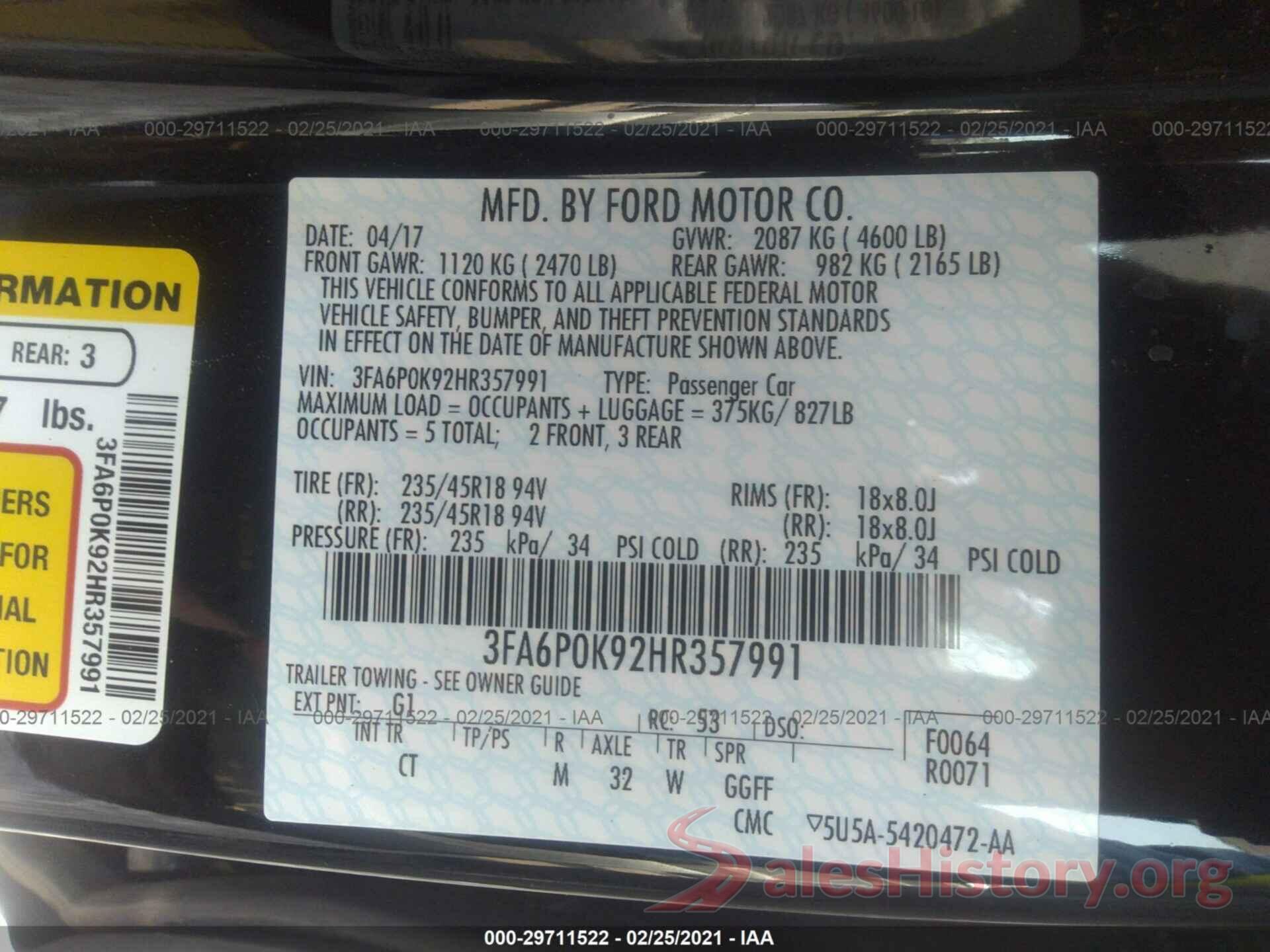 3FA6P0K92HR357991 2017 FORD FUSION