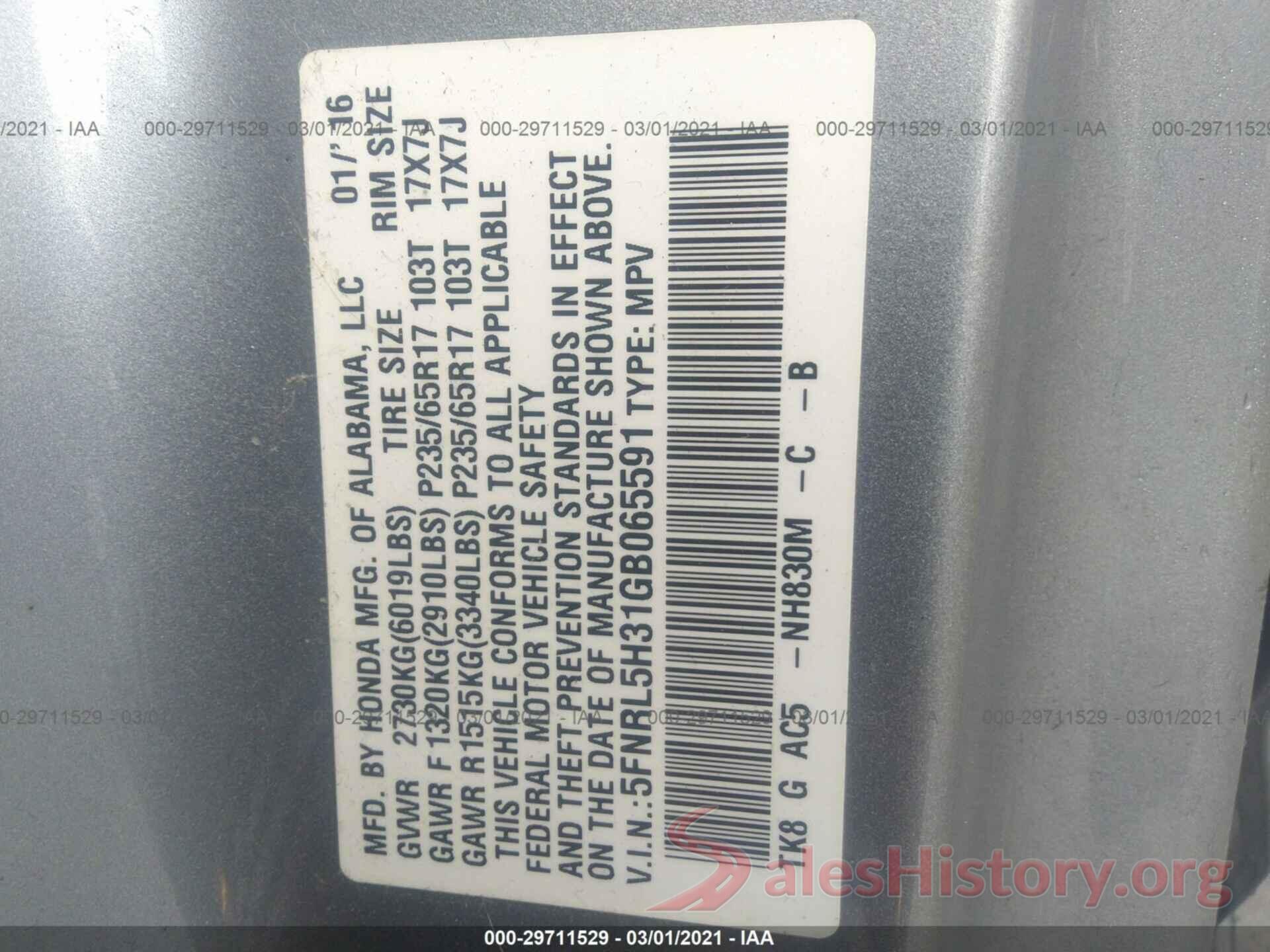 5FNRL5H31GB065591 2016 HONDA ODYSSEY