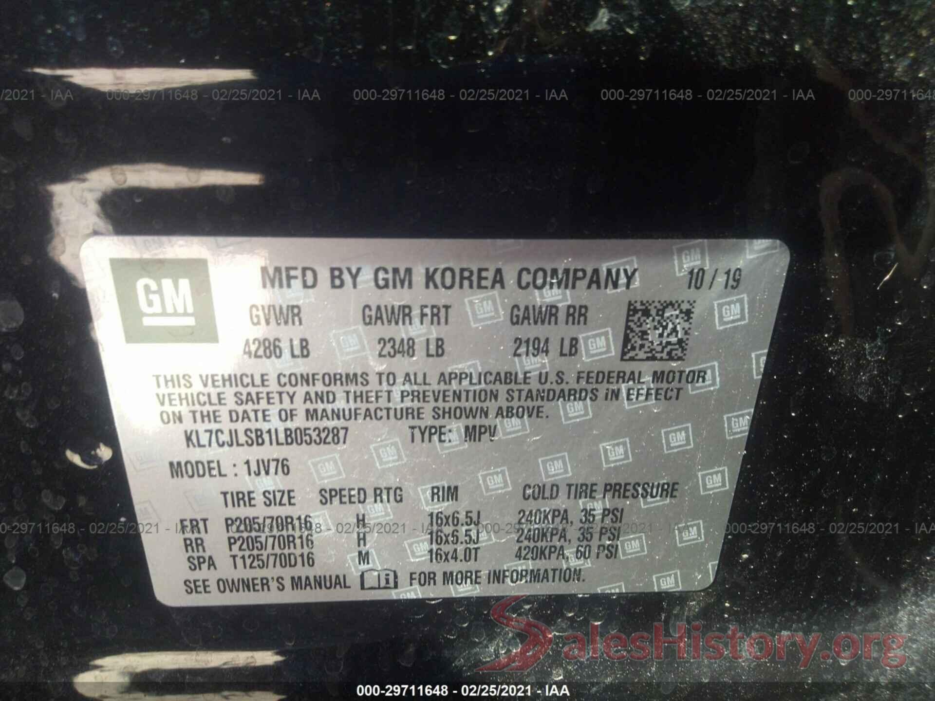 KL7CJLSB1LB053287 2020 CHEVROLET TRAX